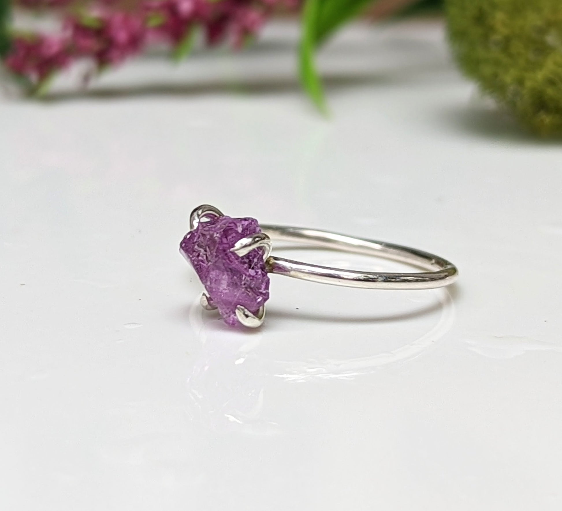 Raw Alexandrite ring in sterling silver, unique handmade engagement ring featuring a stunning purple gemstone.