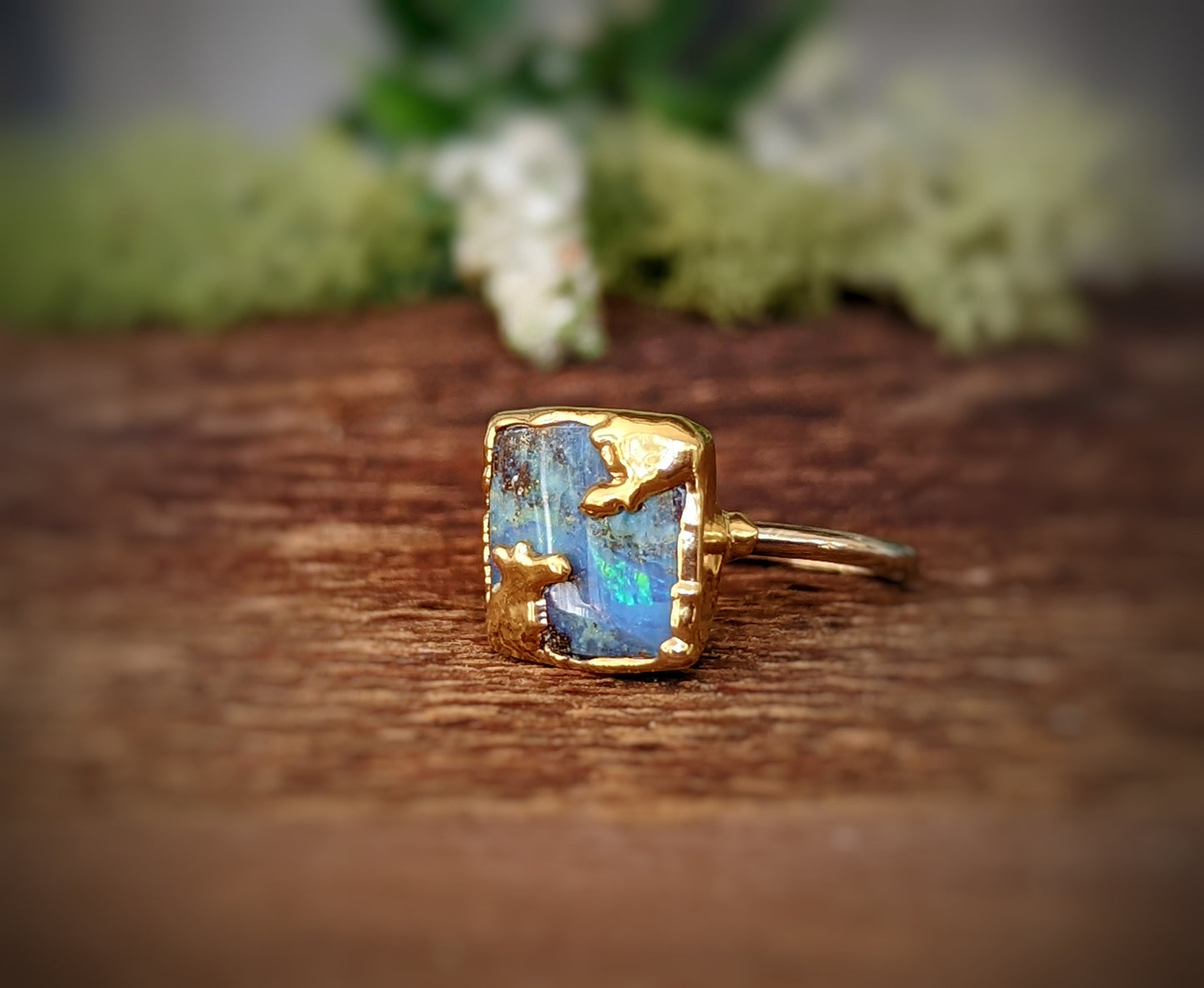 Australian Opal Kintsugi ring featuring a stunning boulder opal on a gold-filled band, embracing beauty in imperfection.