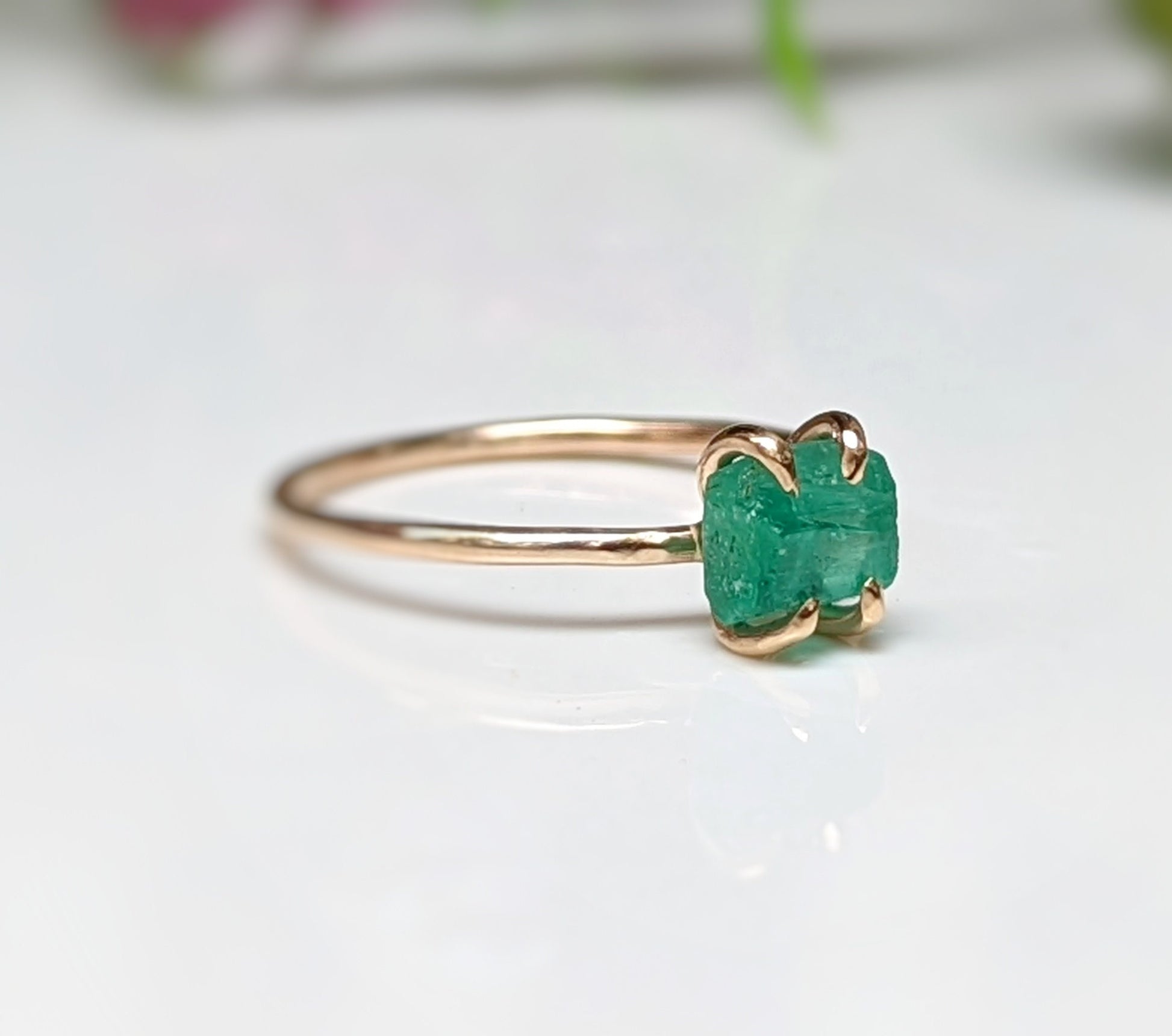 Raw emerald solitaire ring in solid 14k gold, handcrafted elegance for a unique engagement or Valentine's gift.