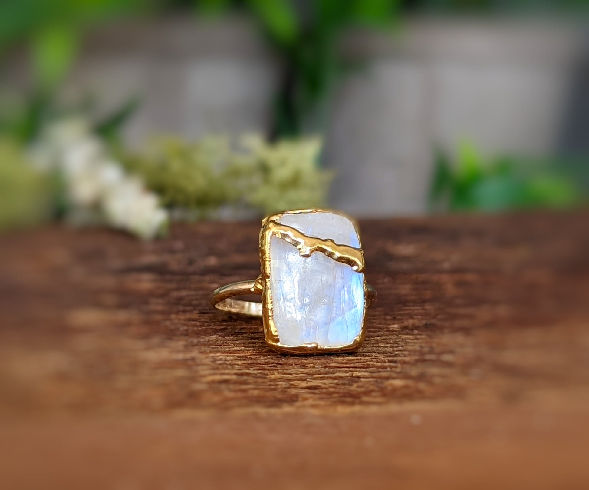 Moonstone Kintsugi ring with 14k Gold filled band, handmade, stunning statement piece for special occasions.