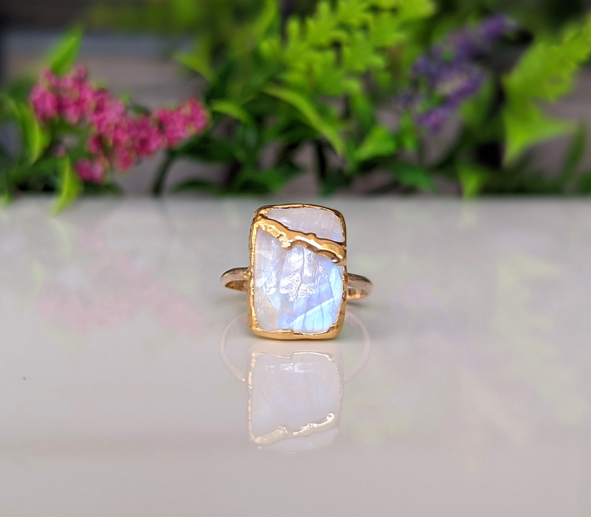 Handcrafted Moonstone Kintsugi ring with 14k Gold filled band and 18k Gold plating, ideal for special occasions.