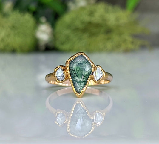 Kite-shaped Moss Agate and Herkimer diamond ring, unique engagement ring with rustic elegance.