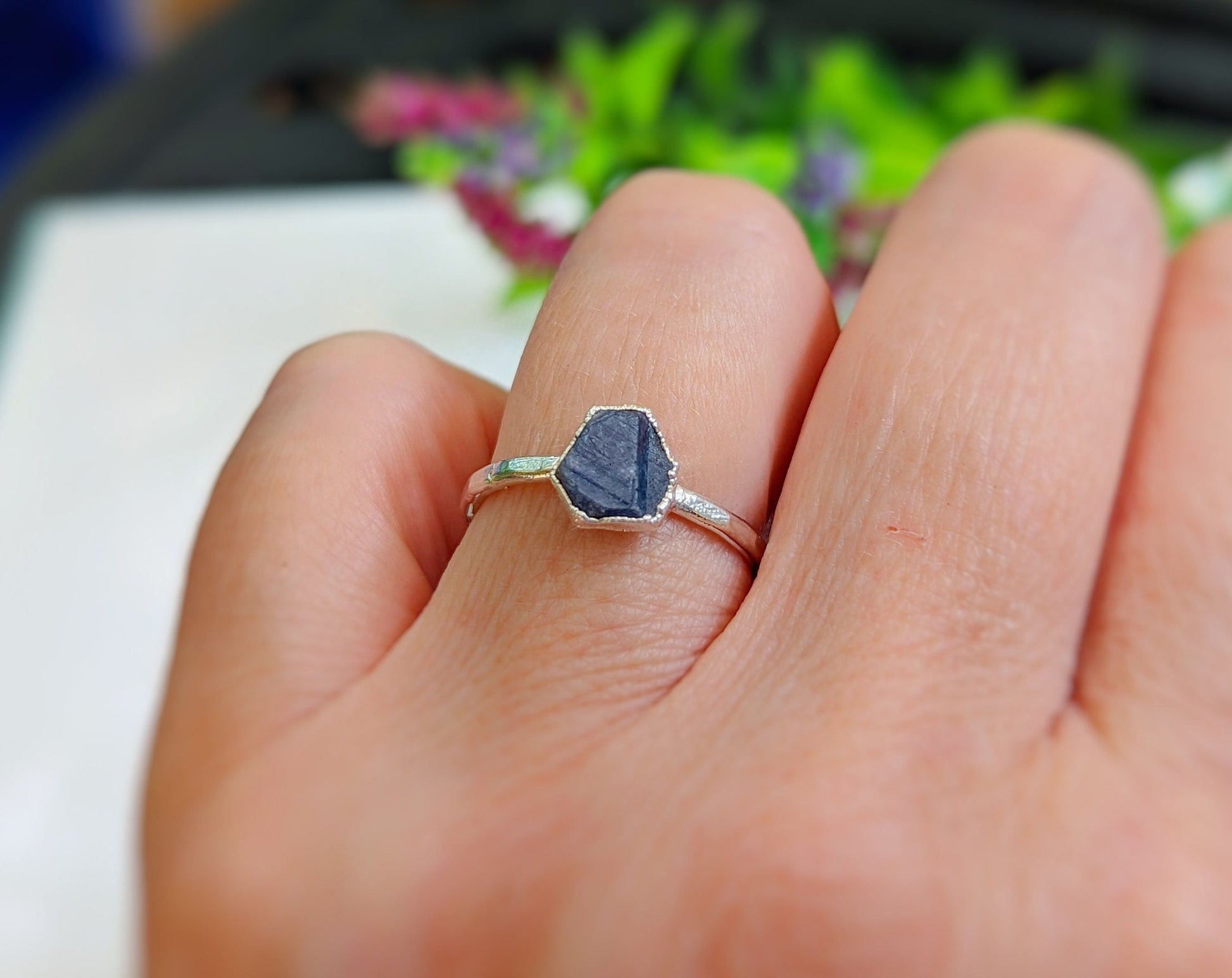 Handcrafted raw blue Sapphire ring set in Sterling Silver, perfect for unique promise or engagement rings.