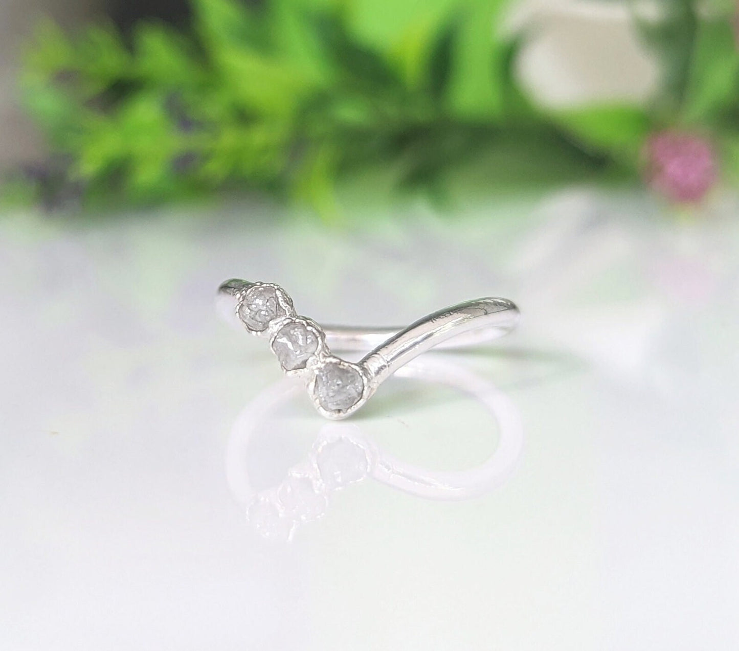 Handcrafted raw diamond Chevron engagement ring in 18k Gold with three conflict-free diamonds, unique and romantic.