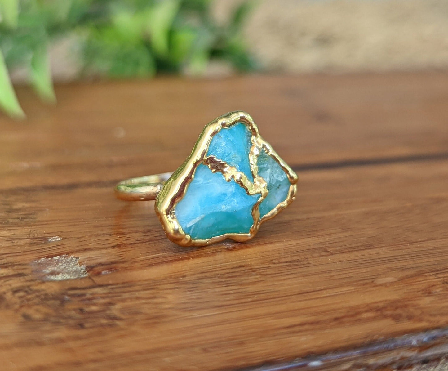 Handcrafted raw Peruvian Opal Kintsugi ring with aqua blue stone on 14k Gold filled band, unique statement piece.