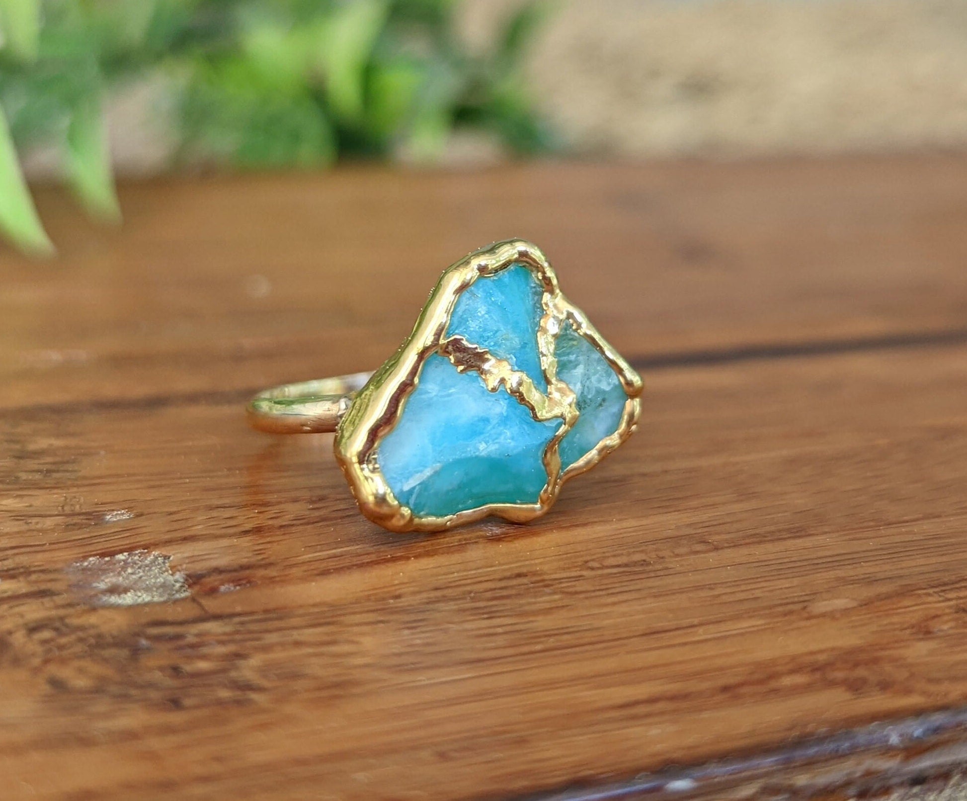 Handcrafted raw Peruvian Opal Kintsugi ring with aqua blue stone on 14k Gold filled band, unique statement piece.