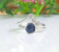 Unique raw sapphire and diamond chevron ring set on sterling silver, perfect for nature lovers.