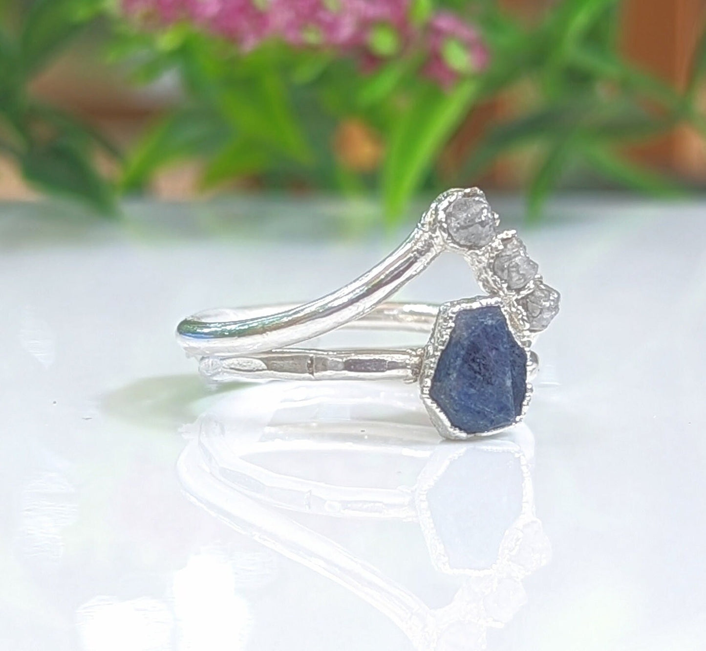 Raw Sapphire and diamond Chevron ring set on Sterling Silver bands, handcrafted for a unique and rustic look.
