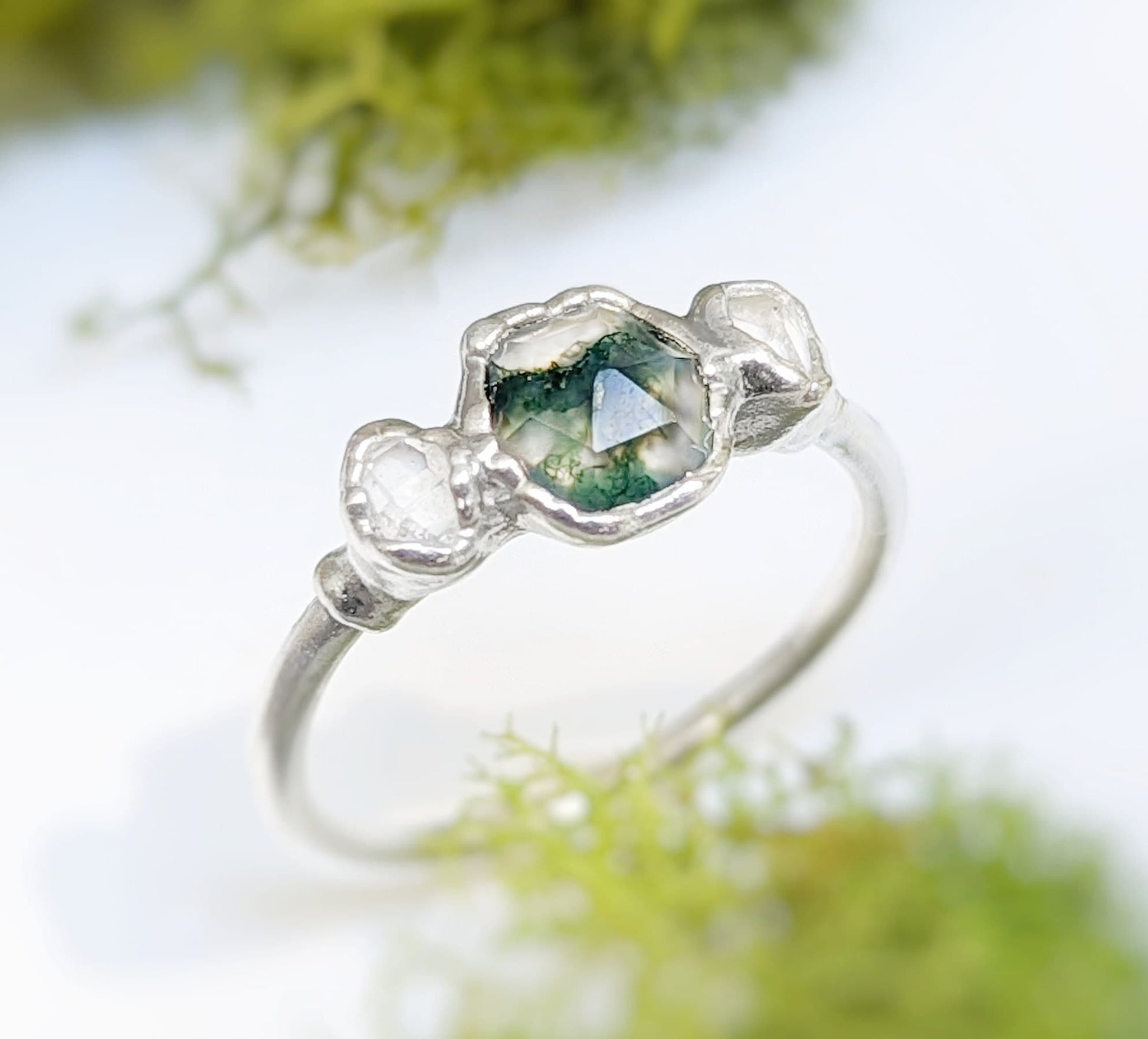 Moss Agate and Herkimer diamond engagement ring in silver, showcasing unique hexagon crystal design.
