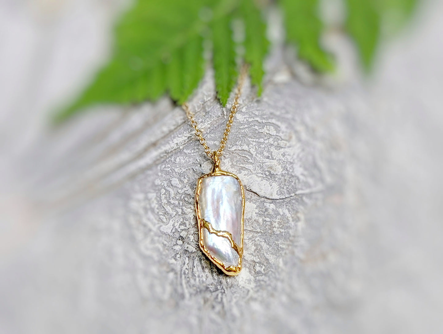 Freshwater Biwa Keshi Pearl Kintsugi necklace, handcrafted, gold plated, elegant gift for special occasions.