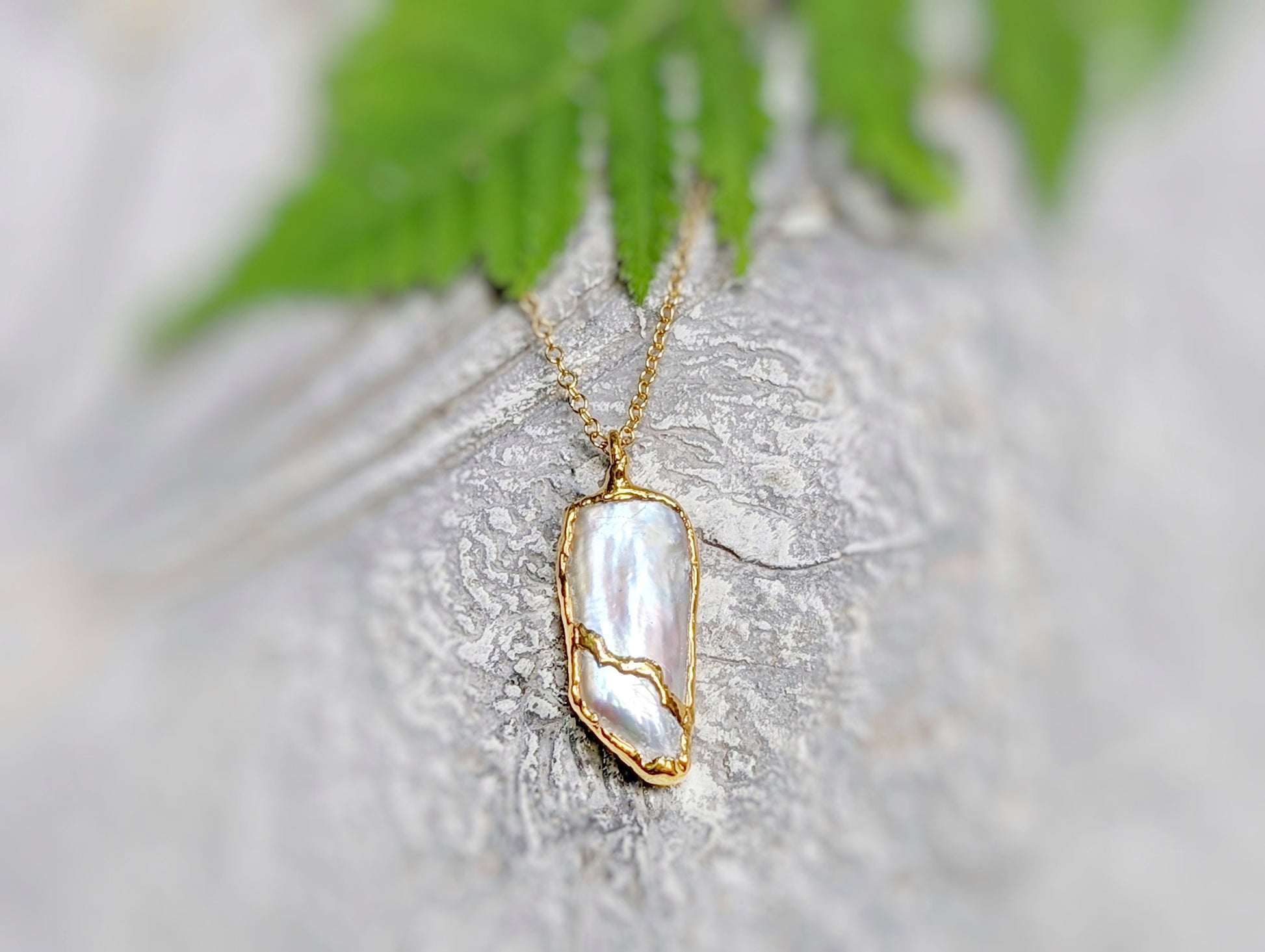 Freshwater Biwa Keshi Pearl Kintsugi necklace, handcrafted, gold plated, elegant gift for special occasions.