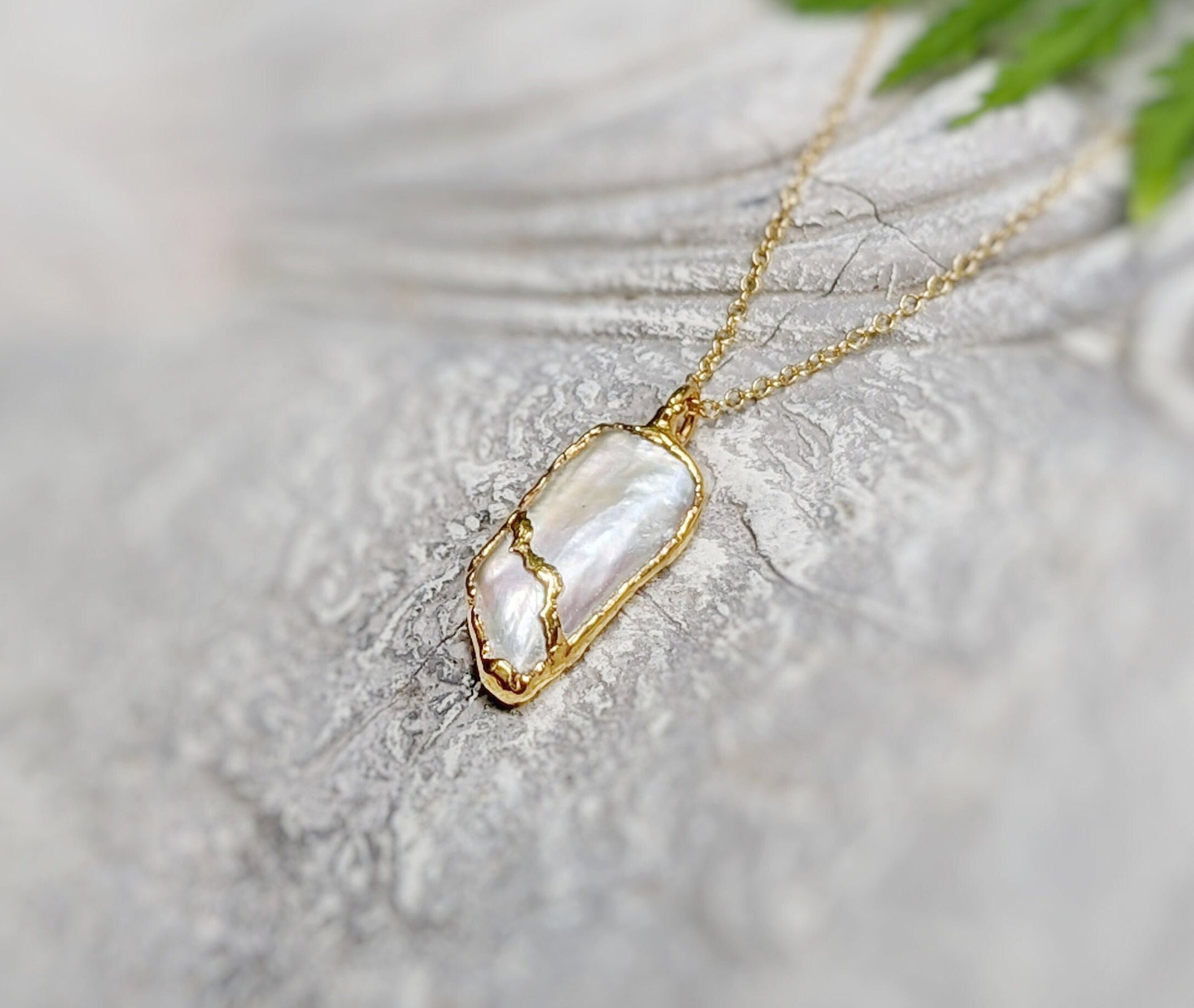 Freshwater Biwa Keshi Pearl Kintsugi necklace with 18k gold electroformed detailing on a 14k gold filled chain.
