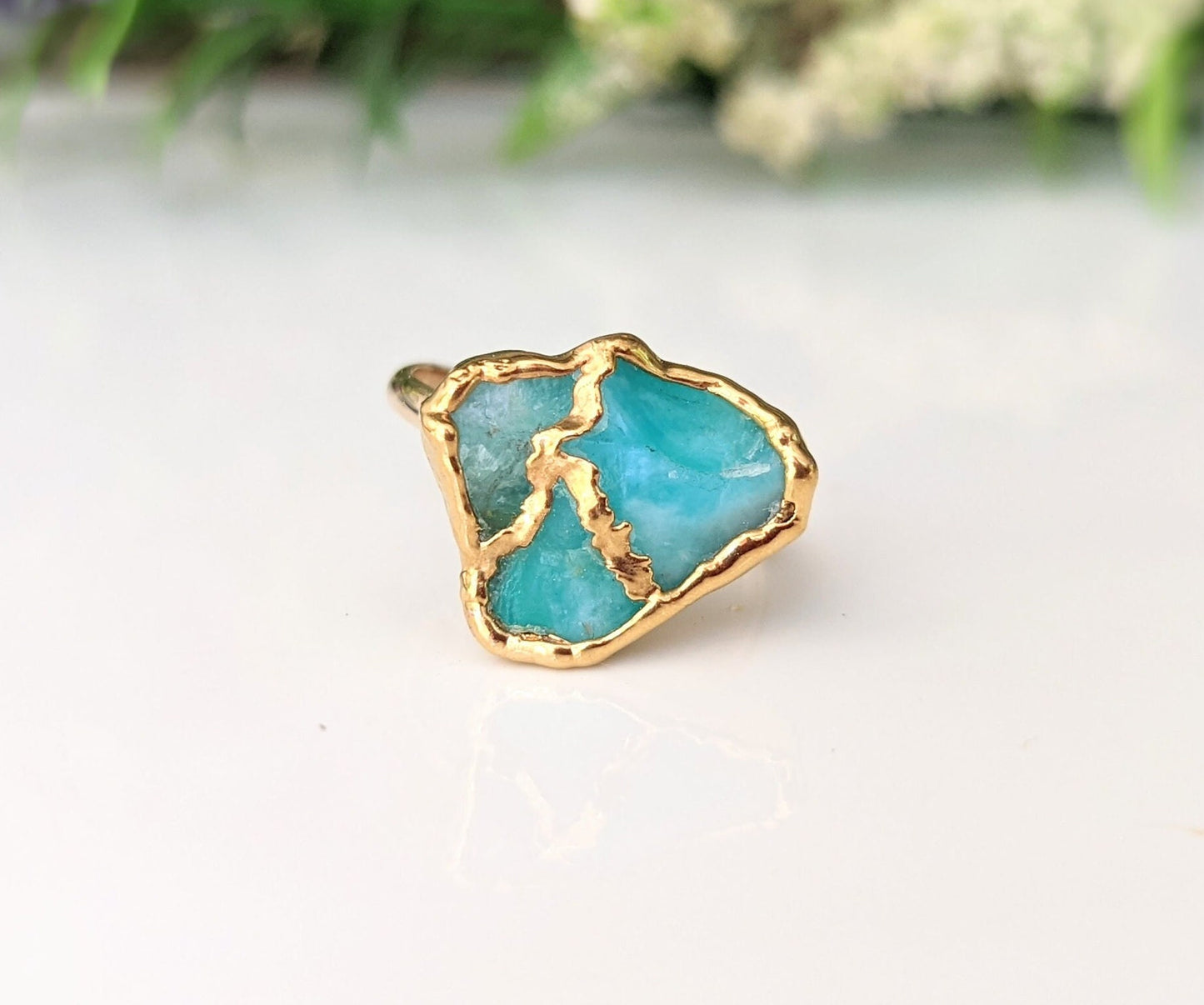 Raw Peruvian Opal Kintsugi ring featuring aqua blue opal with gold electroforming on 14k band, ideal for special gifts.
