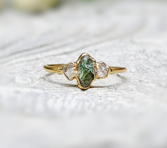 Raw green Sapphire and Herkimer diamond engagement ring in 14k Gold, perfect for promises and special gifts.