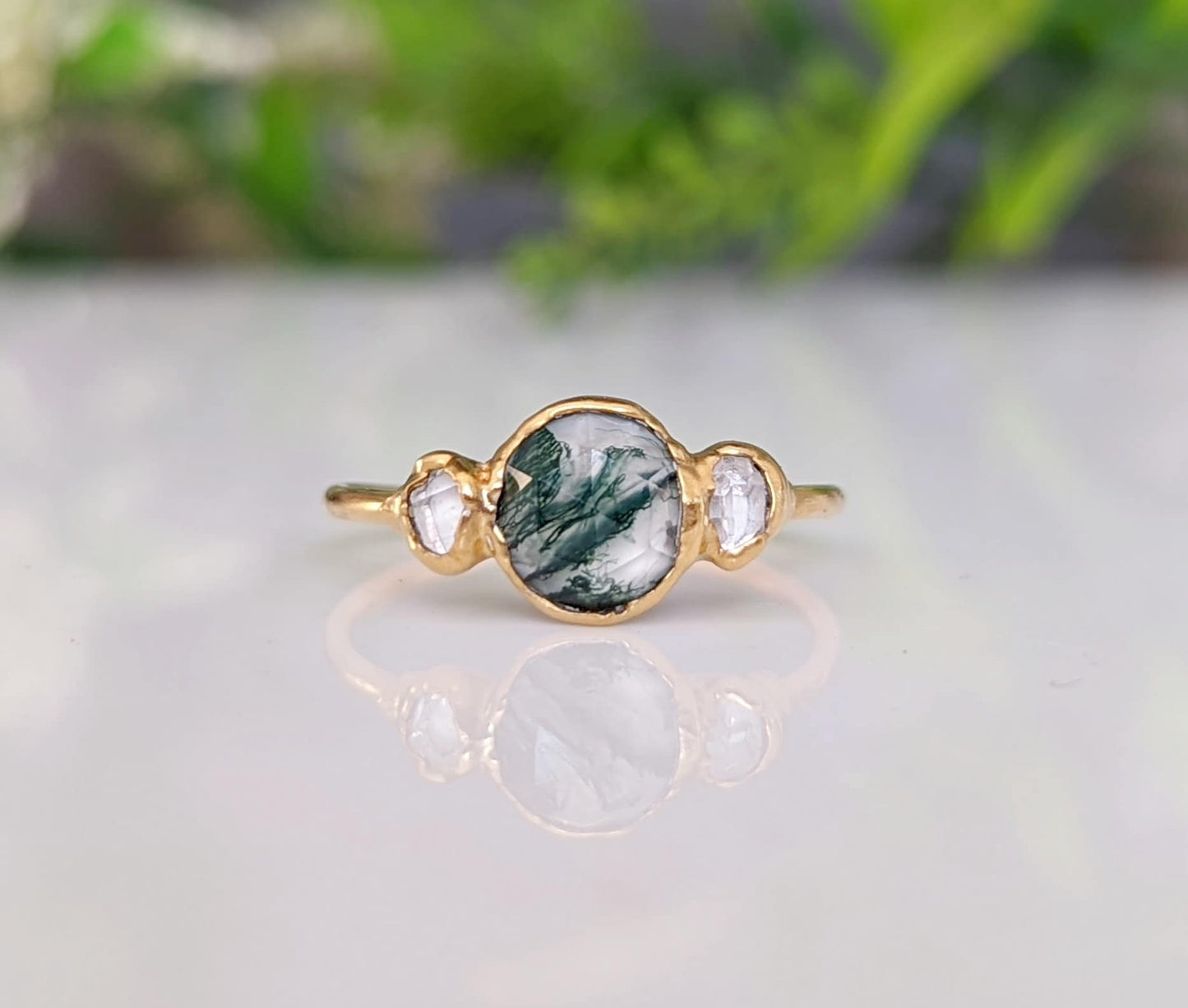 Gold Moss Agate and Herkimer diamond engagement ring, featuring a hexagon shape and rustic design.