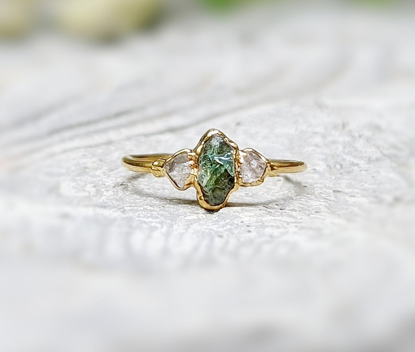 Handcrafted raw green Sapphire and Herkimer diamond engagement ring in 14k gold, perfect for promises and special gifts.