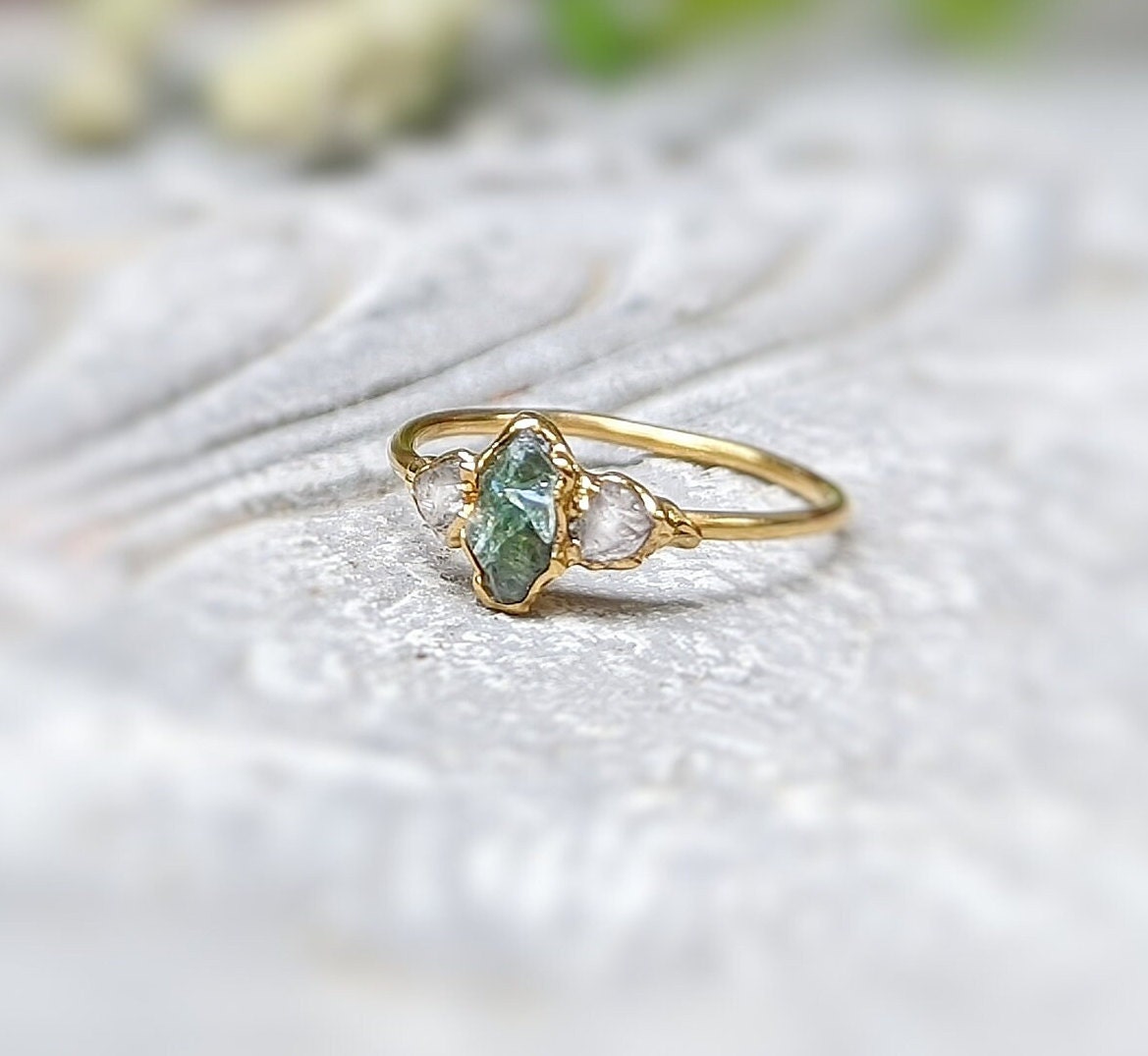 Raw green Sapphire engagement ring with Herkimer diamonds, handcrafted in 14k Gold, unique promise ring.
