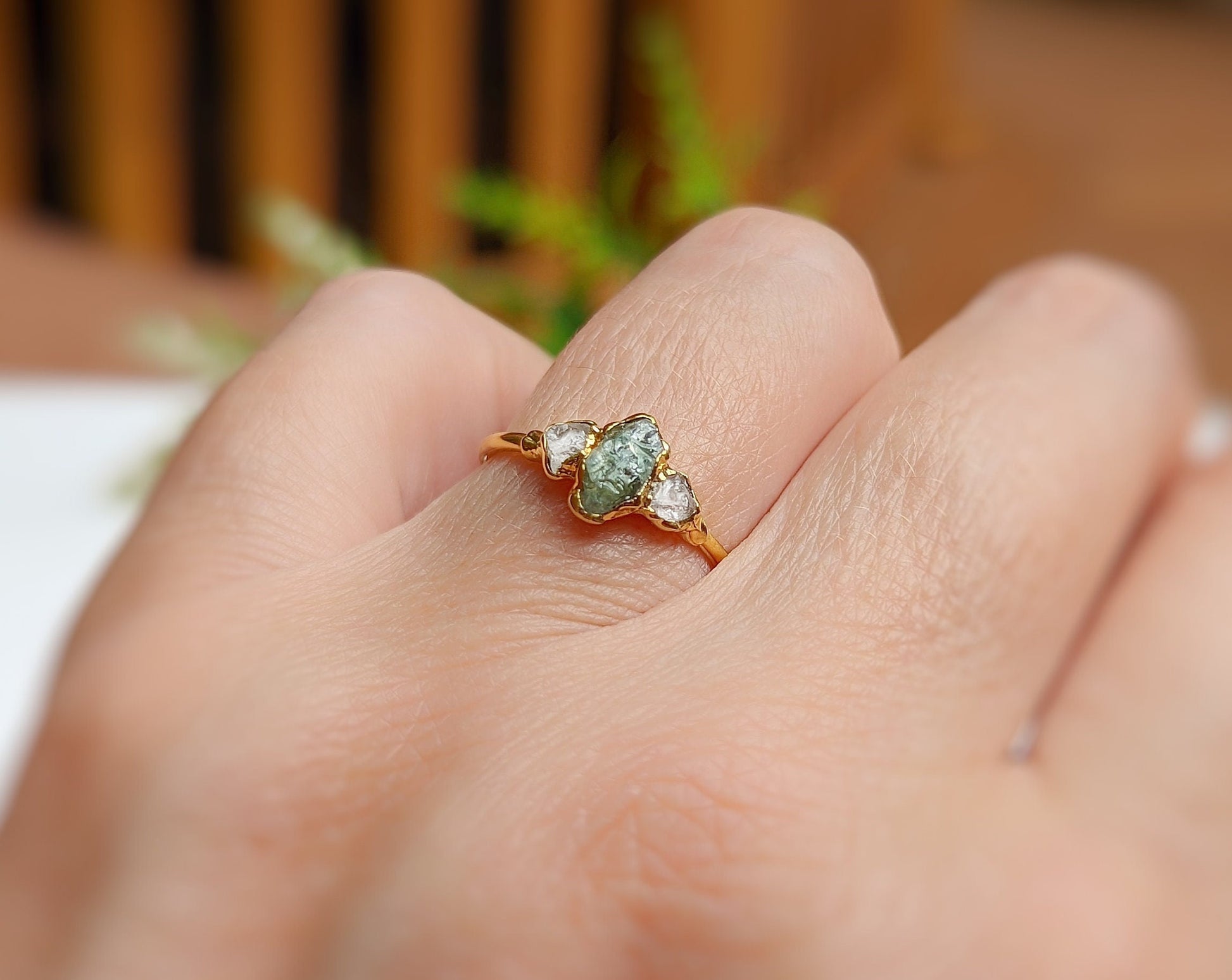 Raw green Sapphire and diamond engagement ring handcrafted in 14k Gold, perfect for promises and special occasions.