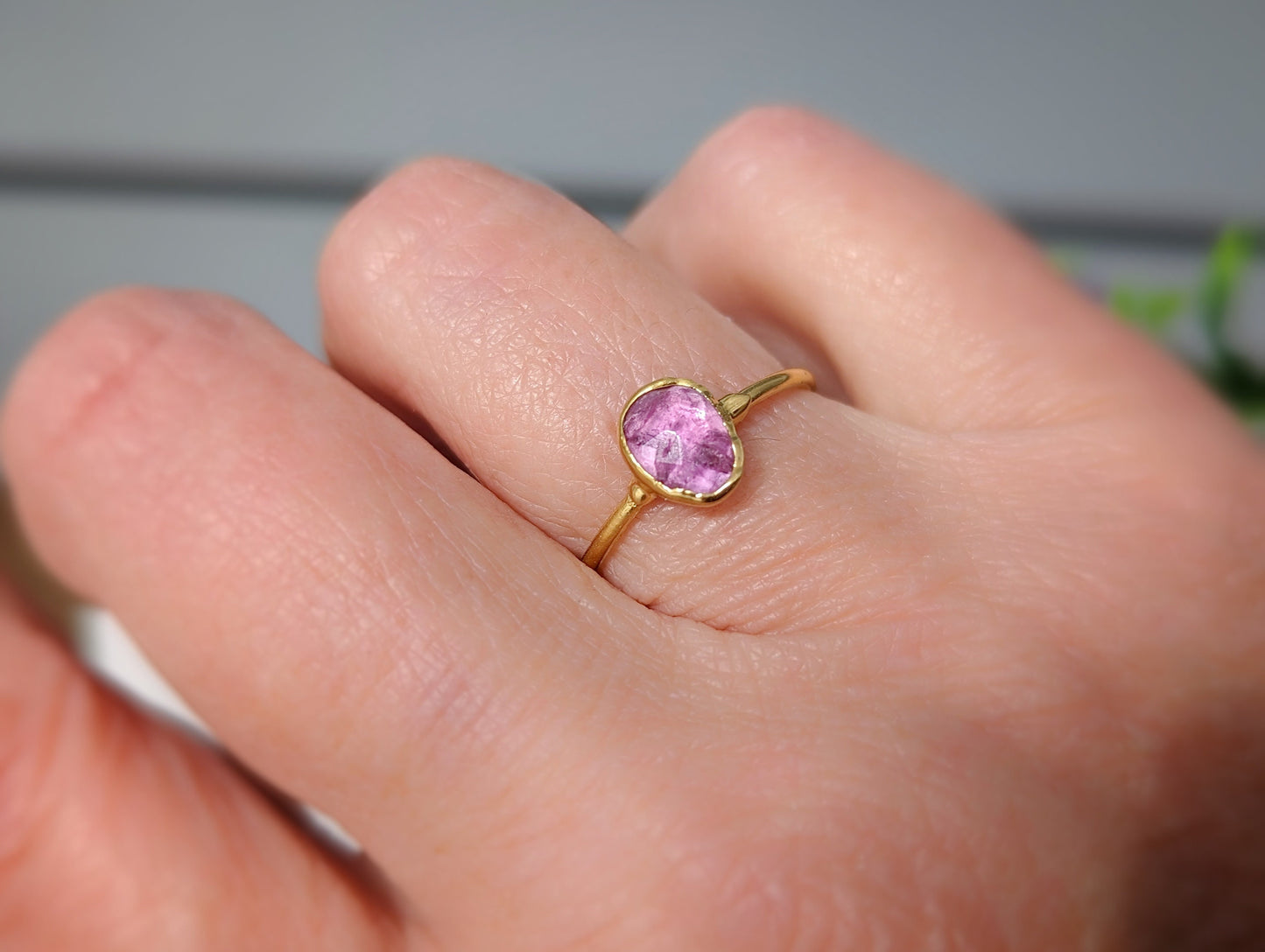 Handcrafted pink Tourmaline ring on a gold filled band, perfect for gifts on special occasions like birthdays or anniversaries.