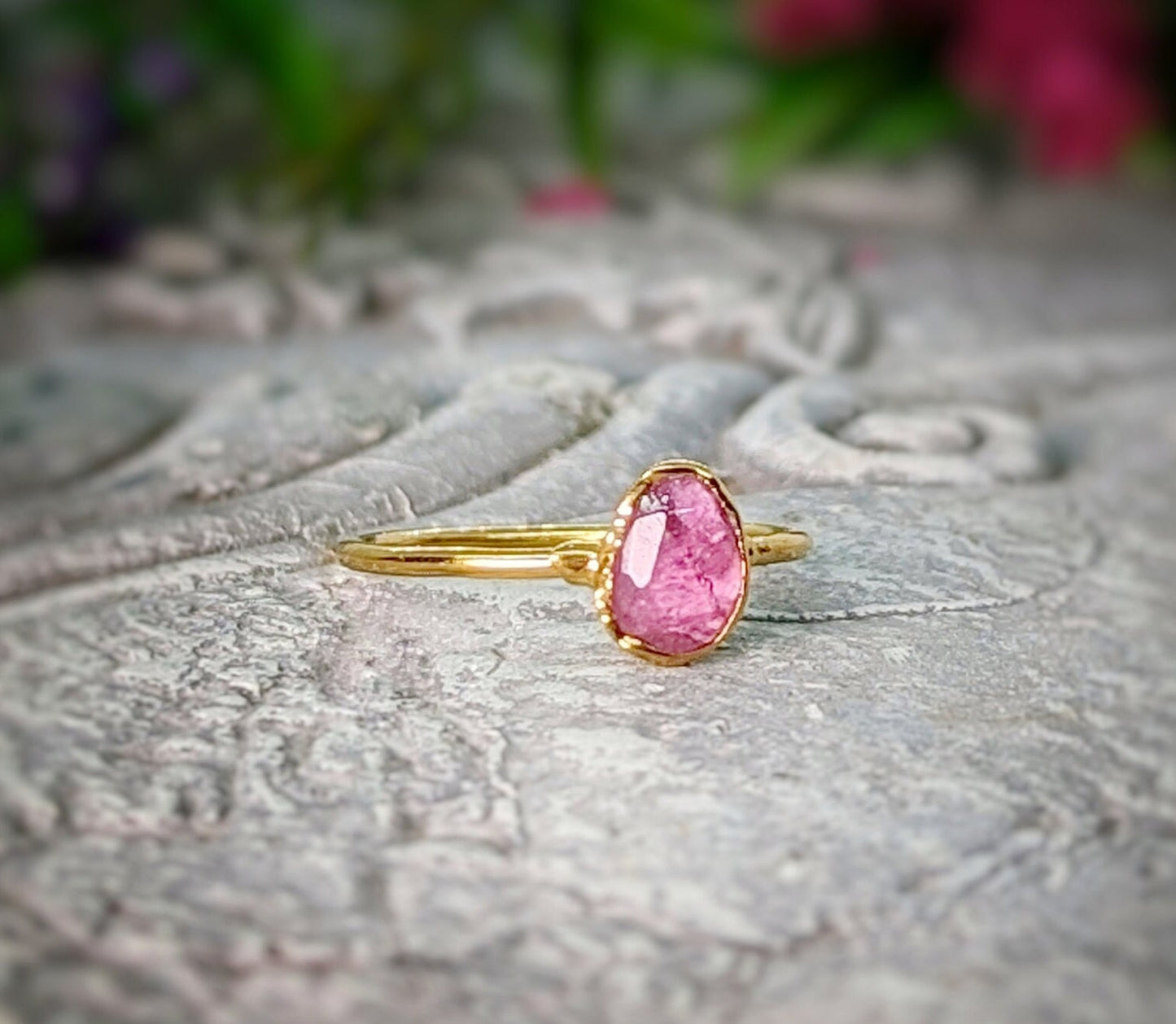 Handcrafted pink Tourmaline ring on a gold filled band, perfect as a unique gift for special occasions.