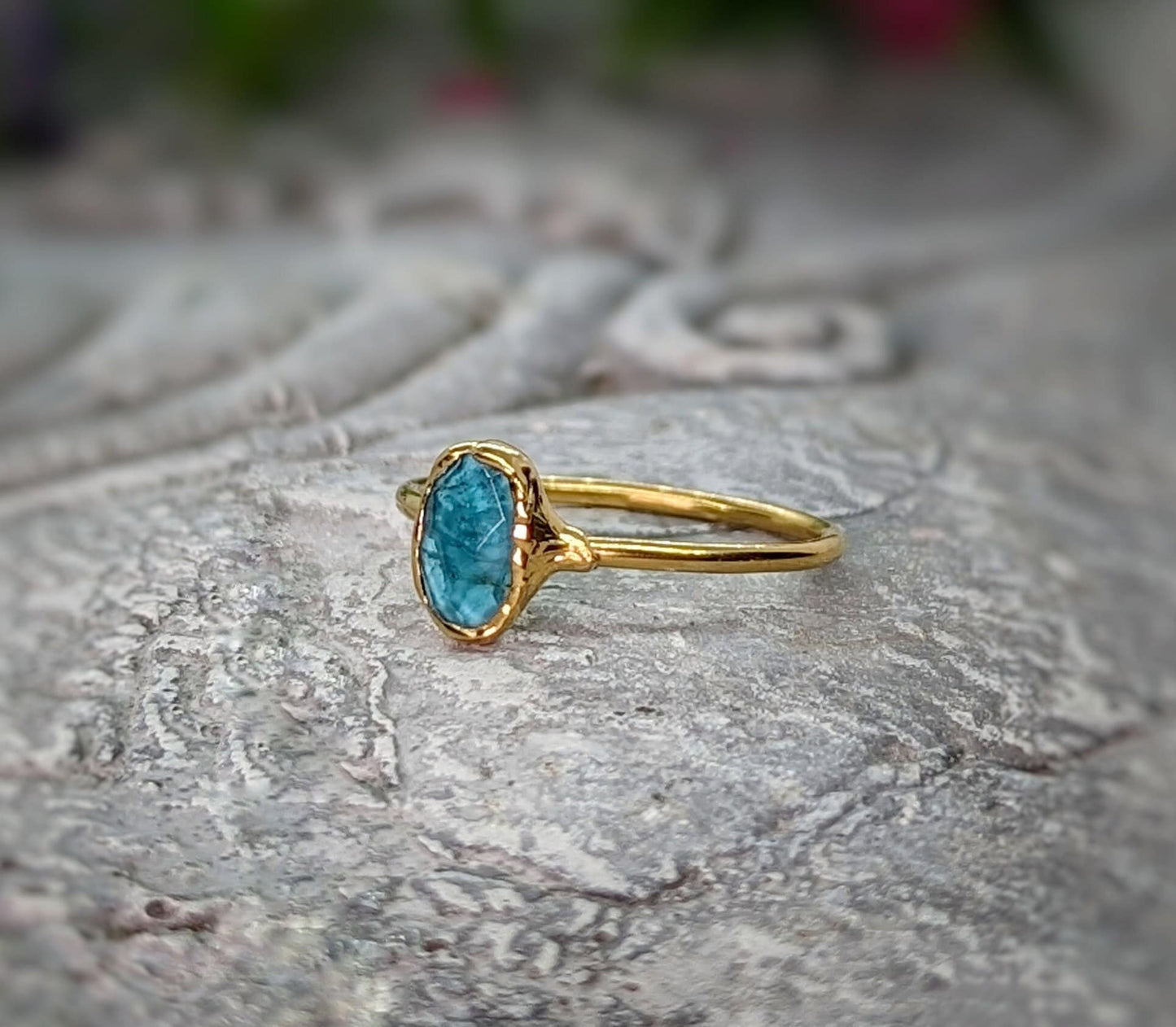 Handcrafted blue Tourmaline ring on 14k Gold filled band, ideal for special occasions like birthdays or anniversaries.
