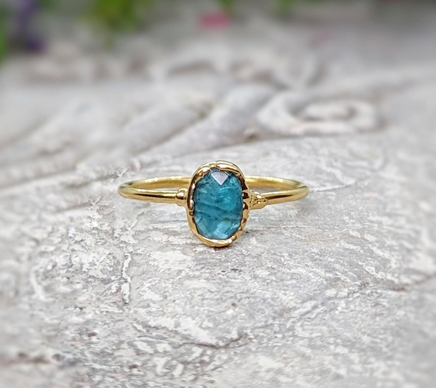 Blue Tourmaline ring handcrafted on 14k Gold filled band, perfect for special occasions or as a unique promise ring.