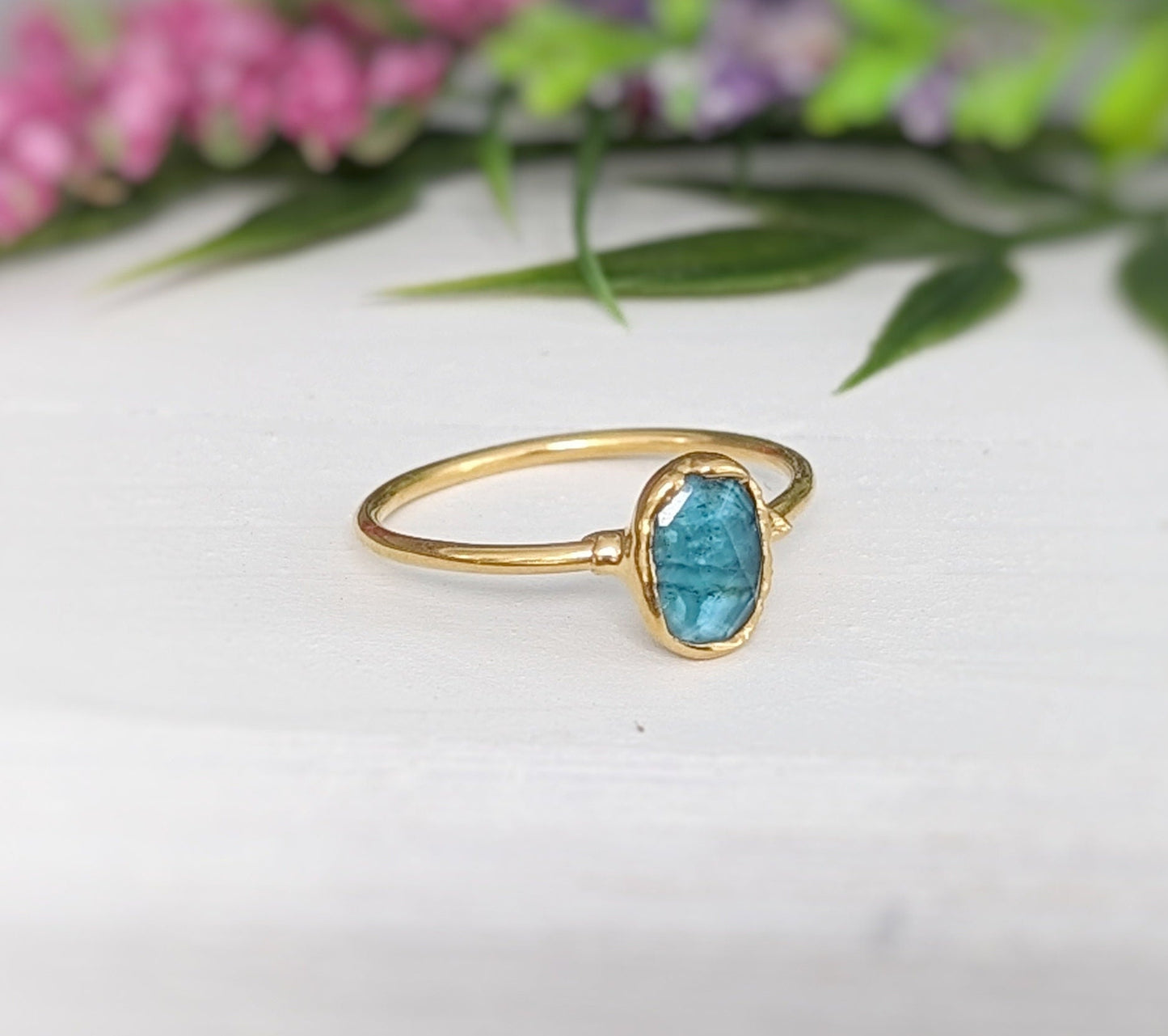 Handcrafted blue Tourmaline ring on a 14k gold filled band, perfect for gifts or special occasions.