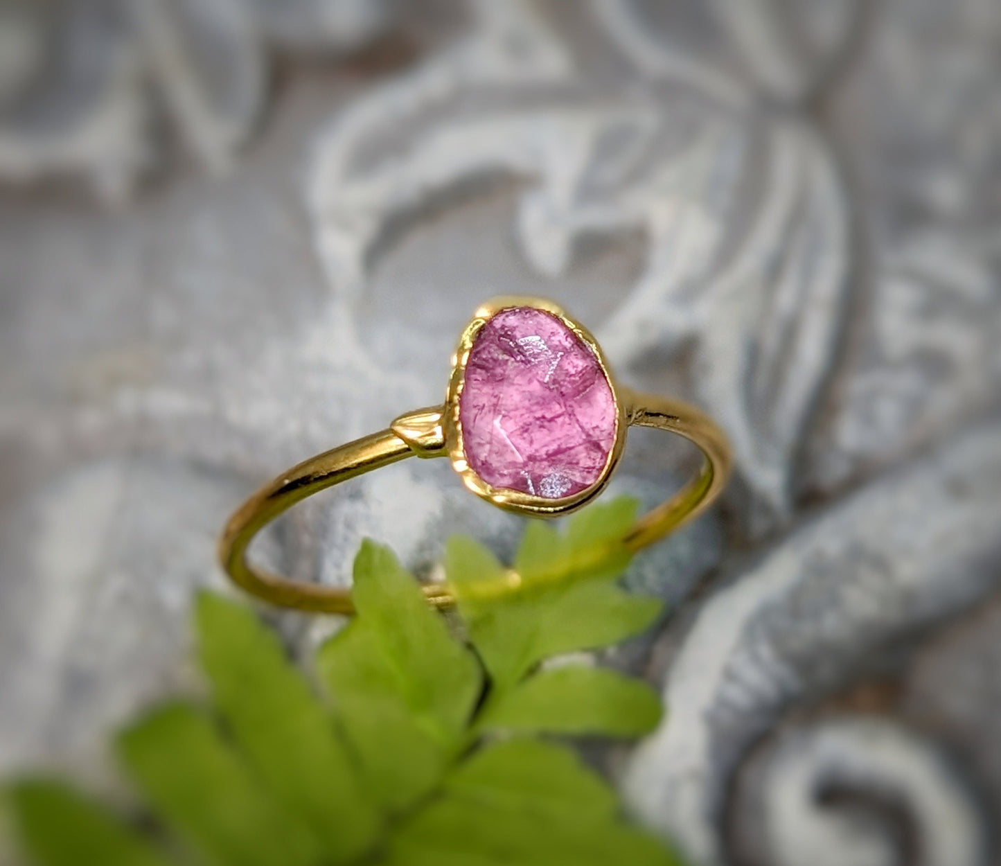 Handcrafted pink Tourmaline ring on a 14k Gold filled band, ideal for October birthdays and special occasions.