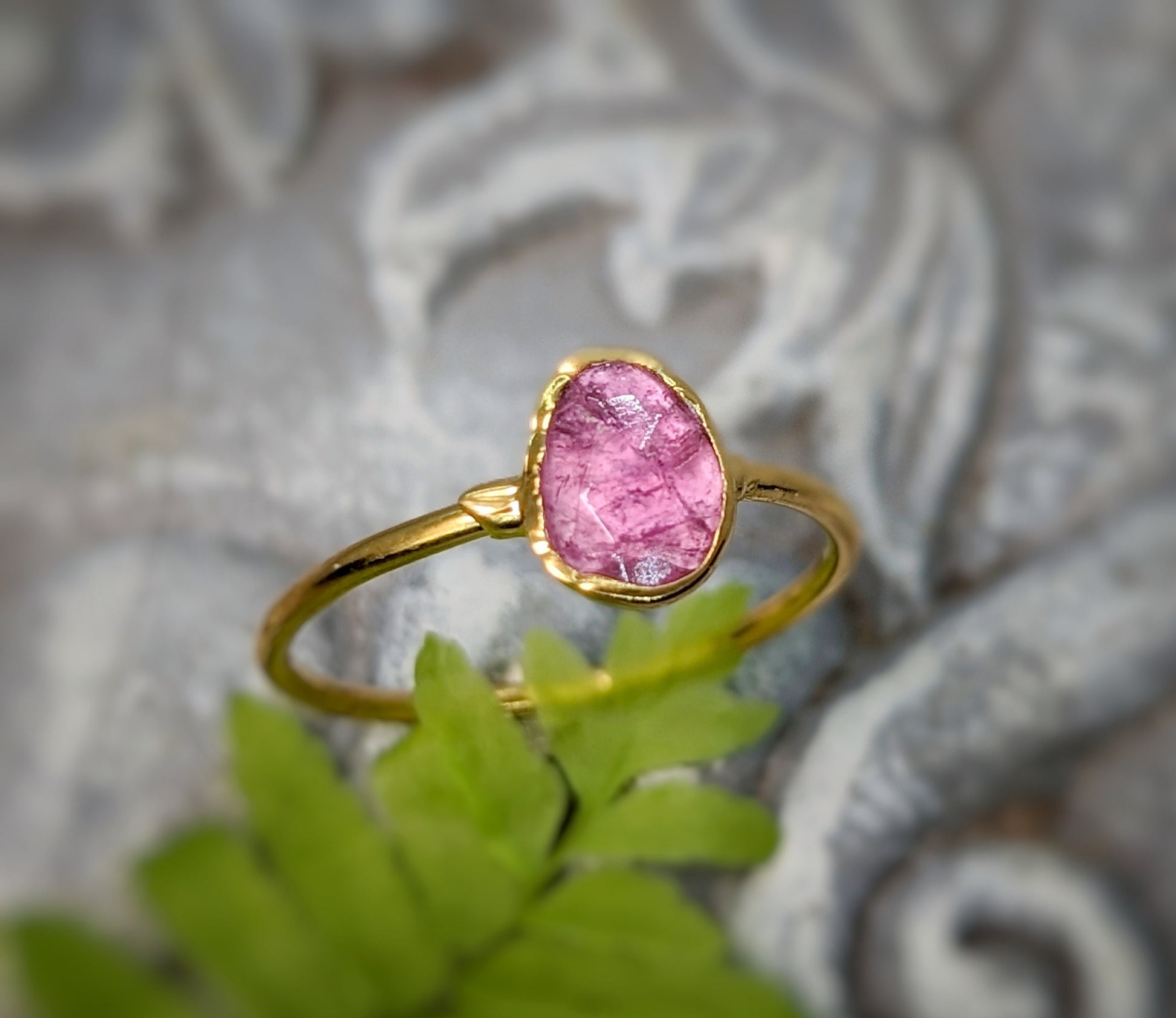Handcrafted pink Tourmaline ring on a 14k Gold filled band, ideal for October birthdays and special occasions.