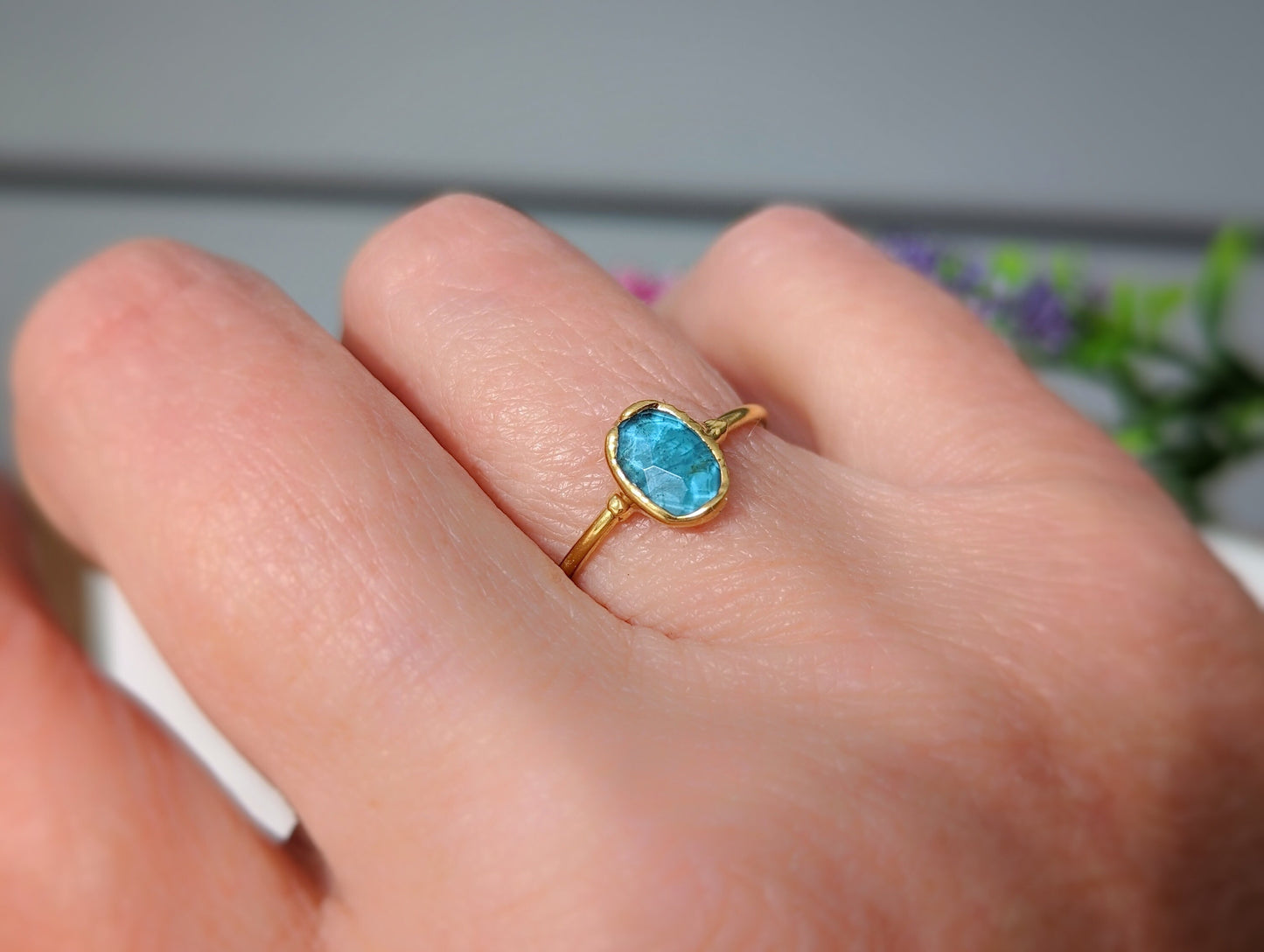 Handcrafted blue Tourmaline ring with rose cut stone on a 14k Gold filled band, perfect for gifts or special occasions.