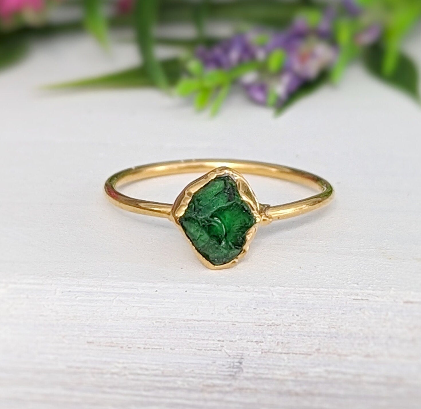 Raw green Garnet ring in gold setting, showcasing natural uncut edges, perfect for gifts or everyday wear.