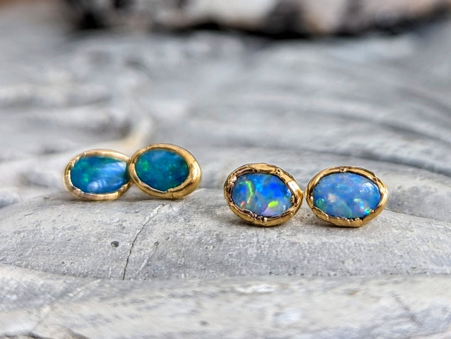 Blue Australian Opal stud earrings in 18k Gold, showcasing elegance and handcrafted beauty.