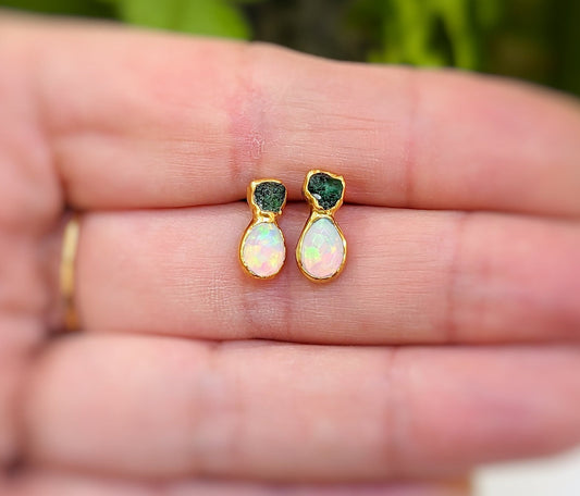 Dainty raw Emerald and Opal stud earrings, elegantly handcrafted, perfect for bridal or everyday wear.