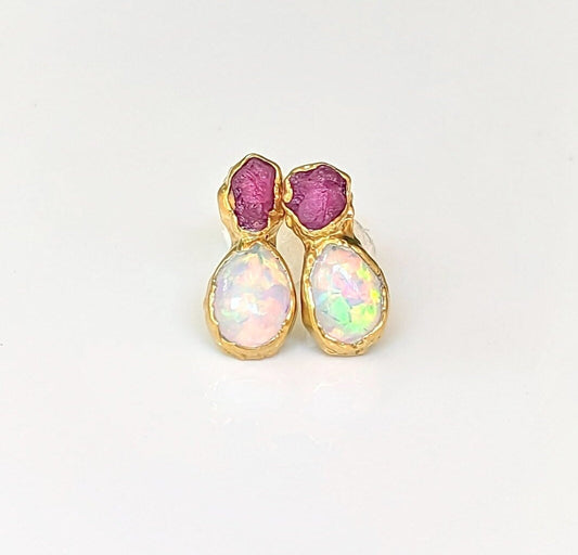 Raw Ruby and Opal stud earrings in gold, handcrafted, elegant and unique design, perfect bridal or everyday wear.