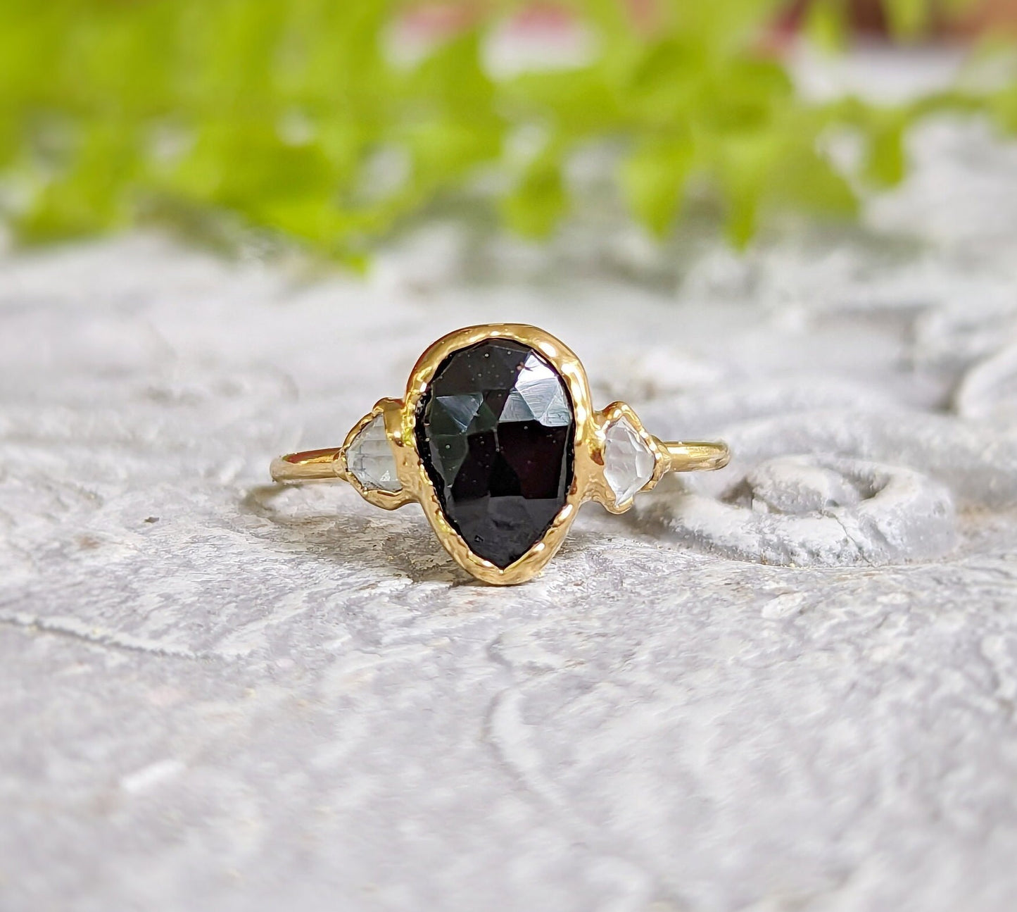 Black Spinel and Herkimer diamond engagement ring in solid 18k gold, showcasing a unique rose cut design.