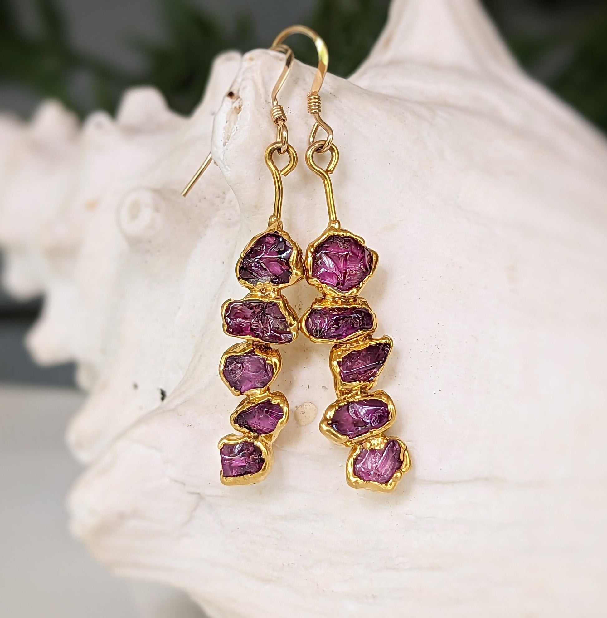 Stunning Rhodolite Garnet dangle earrings with raw raspberry pink stones, perfect for bridal or special occasions.