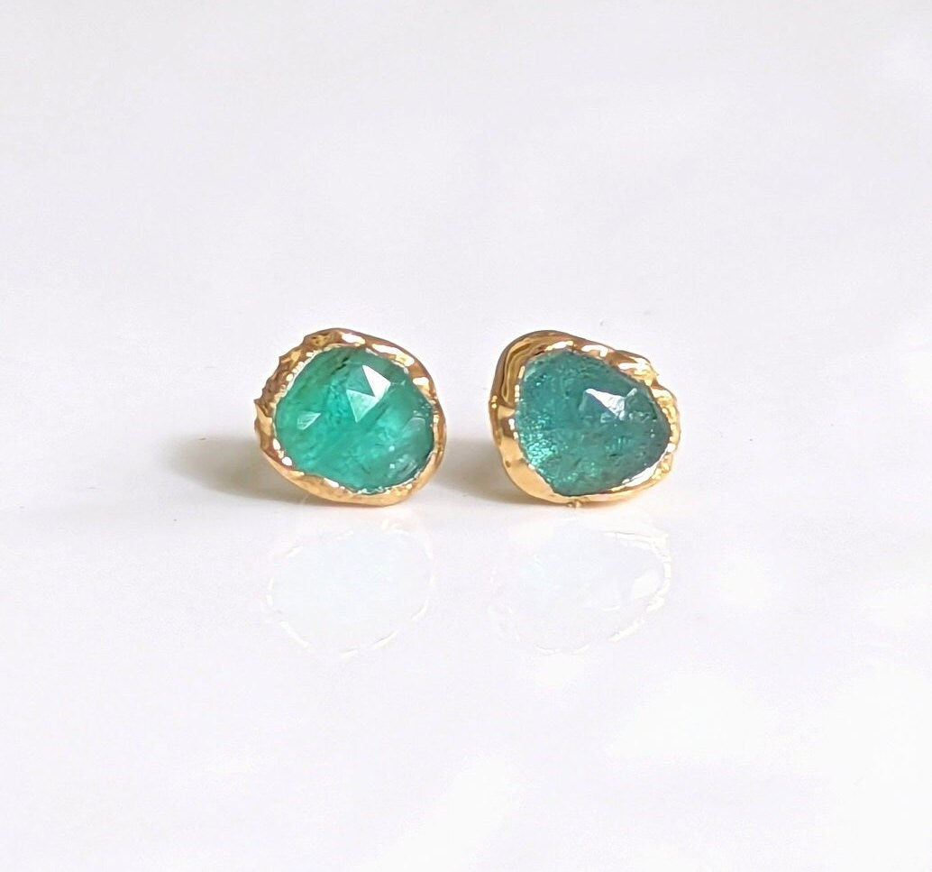 Natural Emerald stud earrings in 18k gold, featuring rose cut faceted emeralds, perfect for gifts and special occasions.