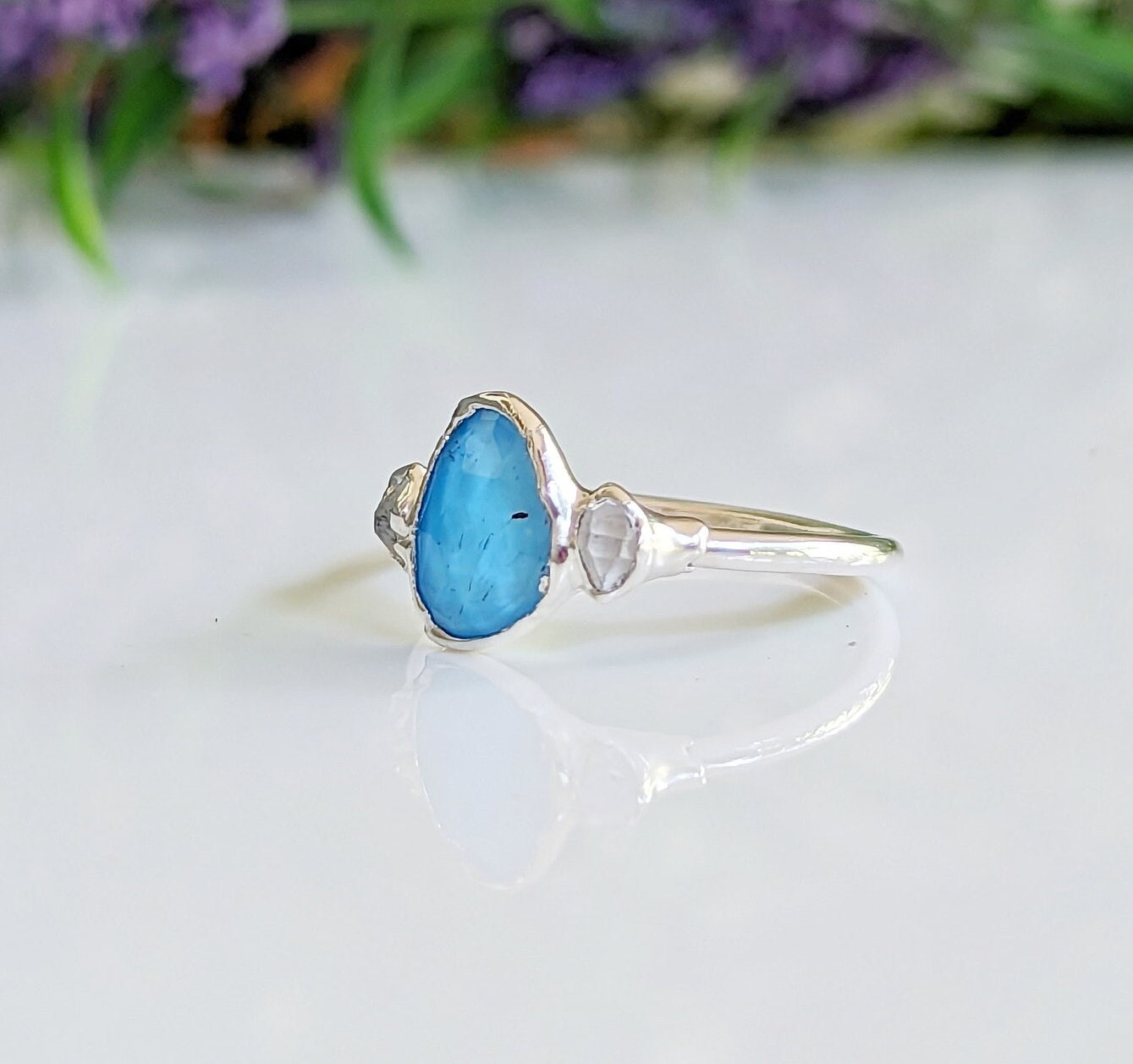 Blue Topaz and Herkimer diamond engagement ring on Sterling Silver band, unique handcrafted design.