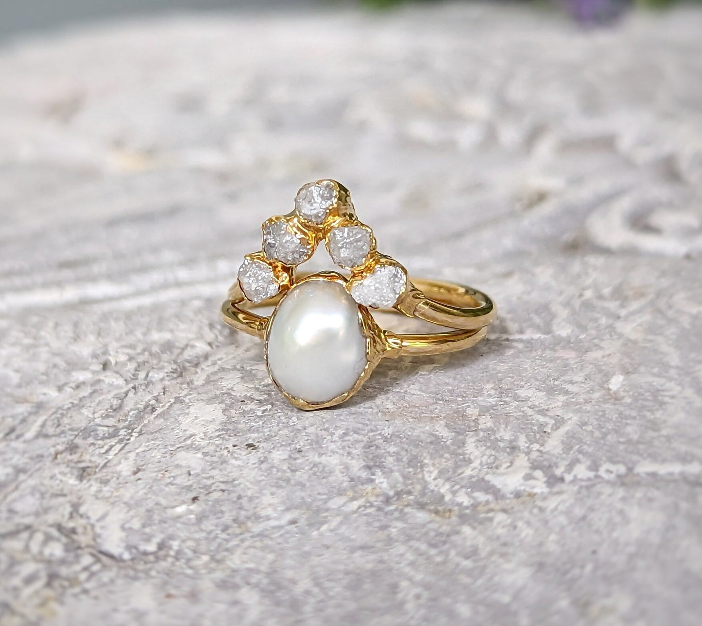 Freshwater pearl and raw diamond chevron wedding ring set in solid 14k gold, elegant and alternative bridal jewelry.