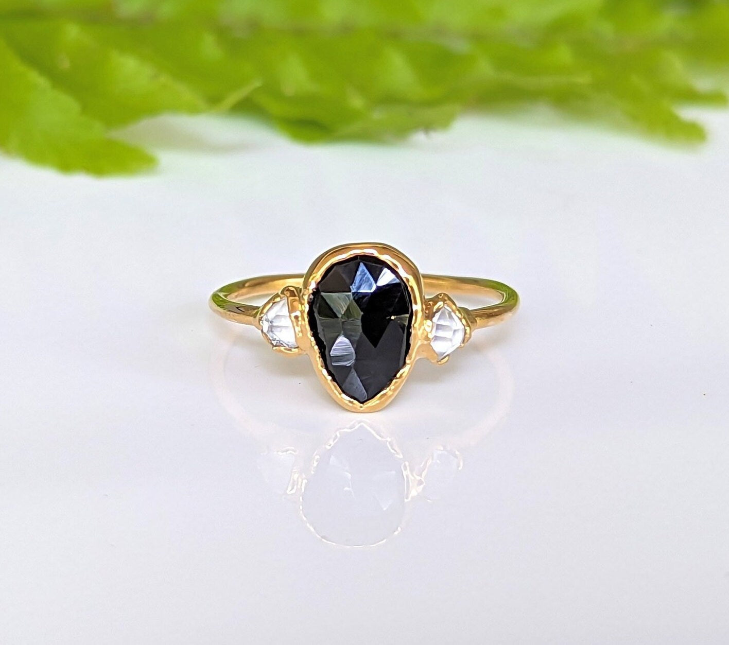 Black Spinel and Herkimer diamond engagement ring in solid 18k gold, featuring a unique rose cut design.