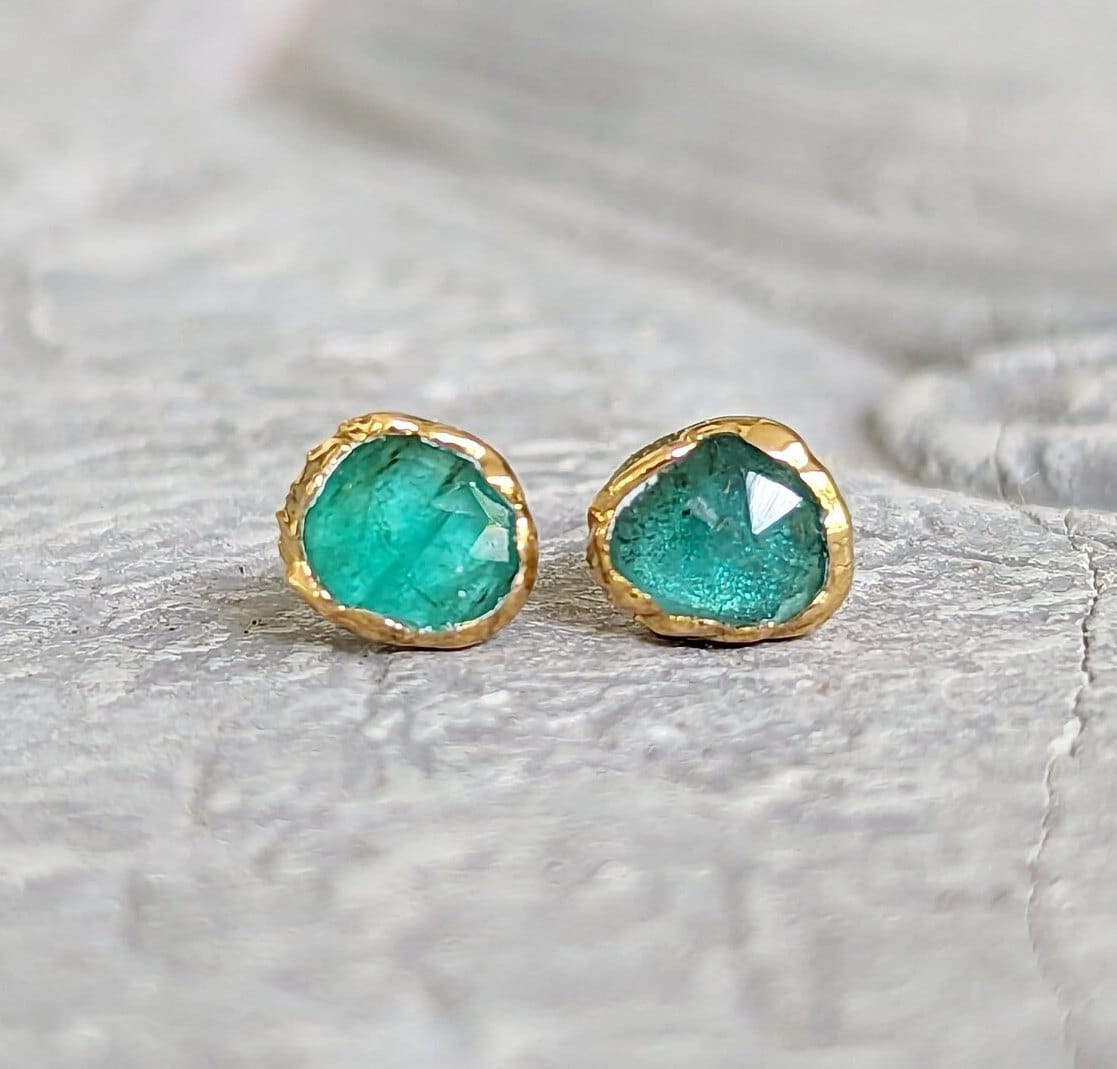 Natural Emerald stud earrings in 18k Gold, featuring Rose cut faceted Emeralds, ideal for gifts and bridal wear.
