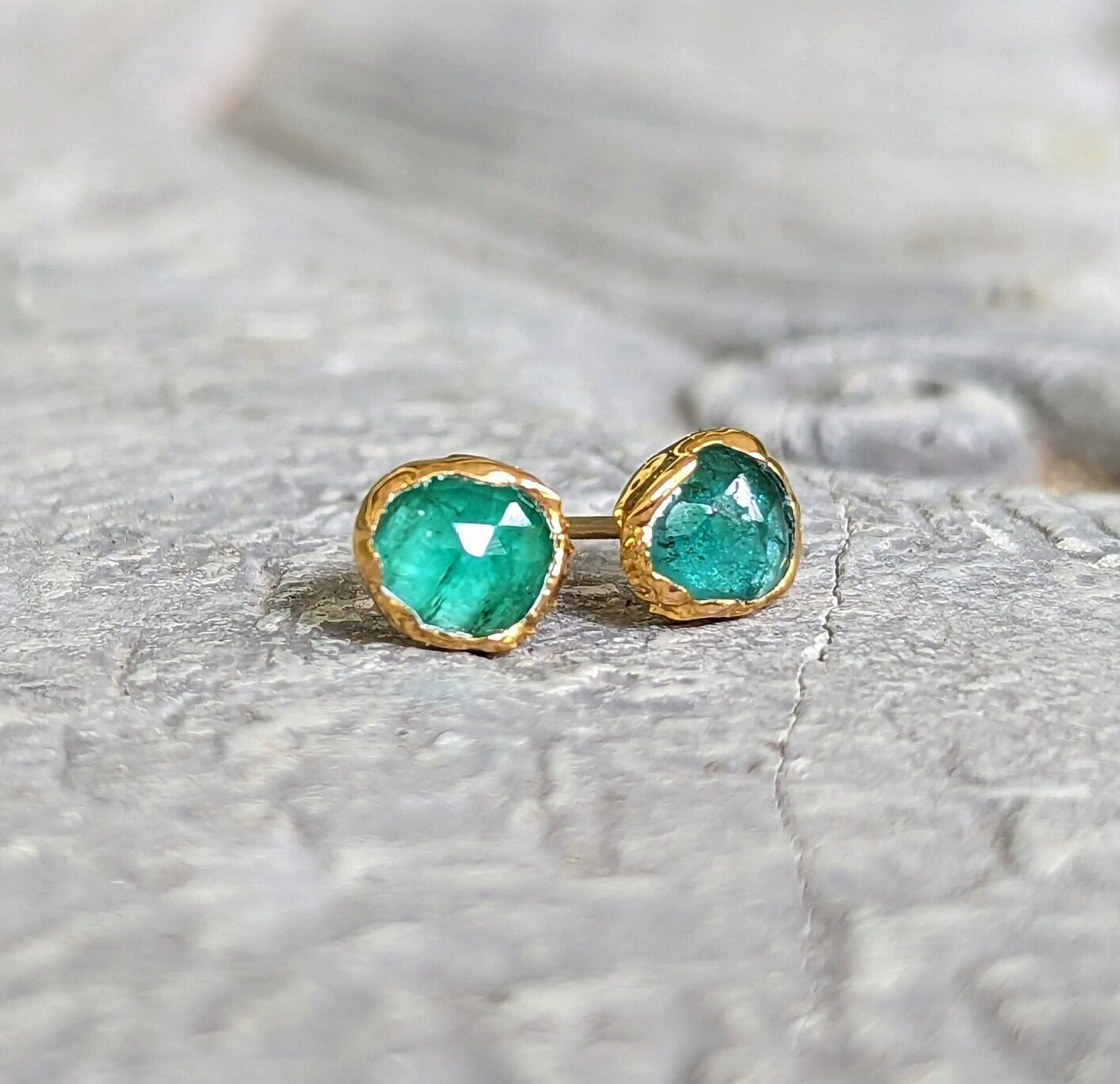 Natural Emerald stud earrings set in 18k Gold, featuring rose cut faceted gems, perfect for elegant gifting.