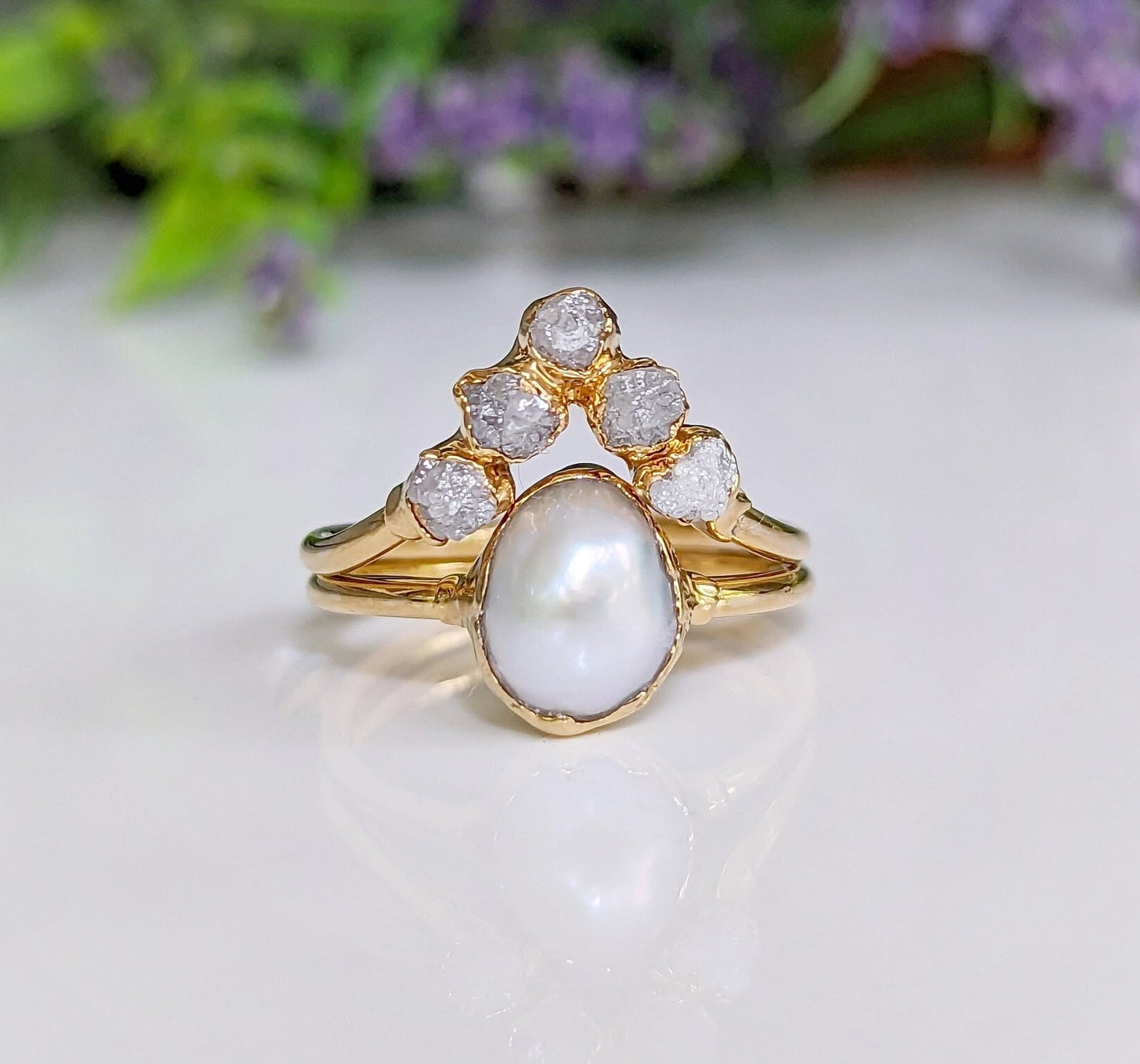 Freshwater pearl and raw diamond chevron wedding ring set in solid 14k gold, perfect for alternative bridal jewelry.