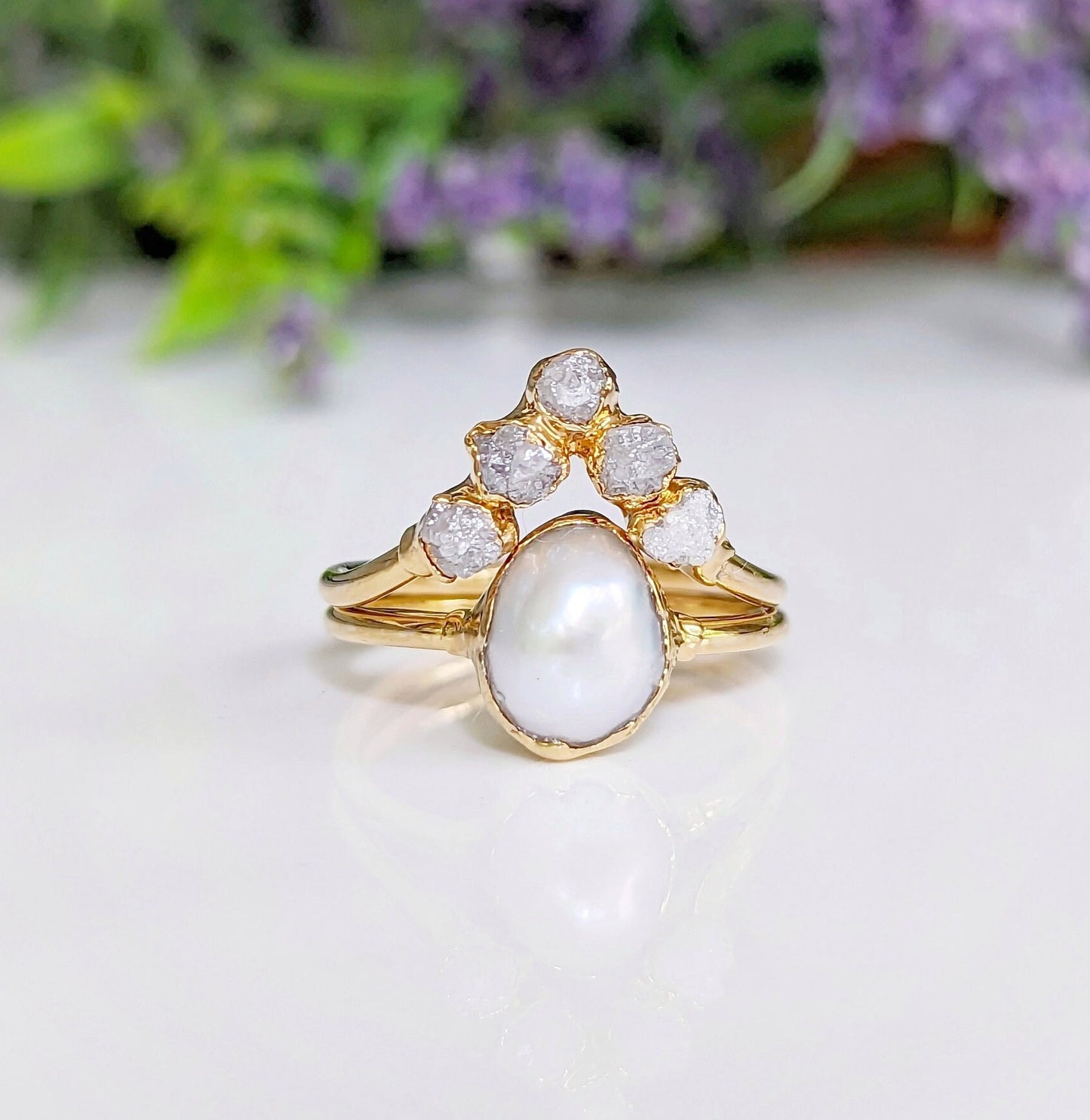 Freshwater pearl and raw diamond chevron wedding ring set in solid 14k gold, elegant and unique bridal jewelry.