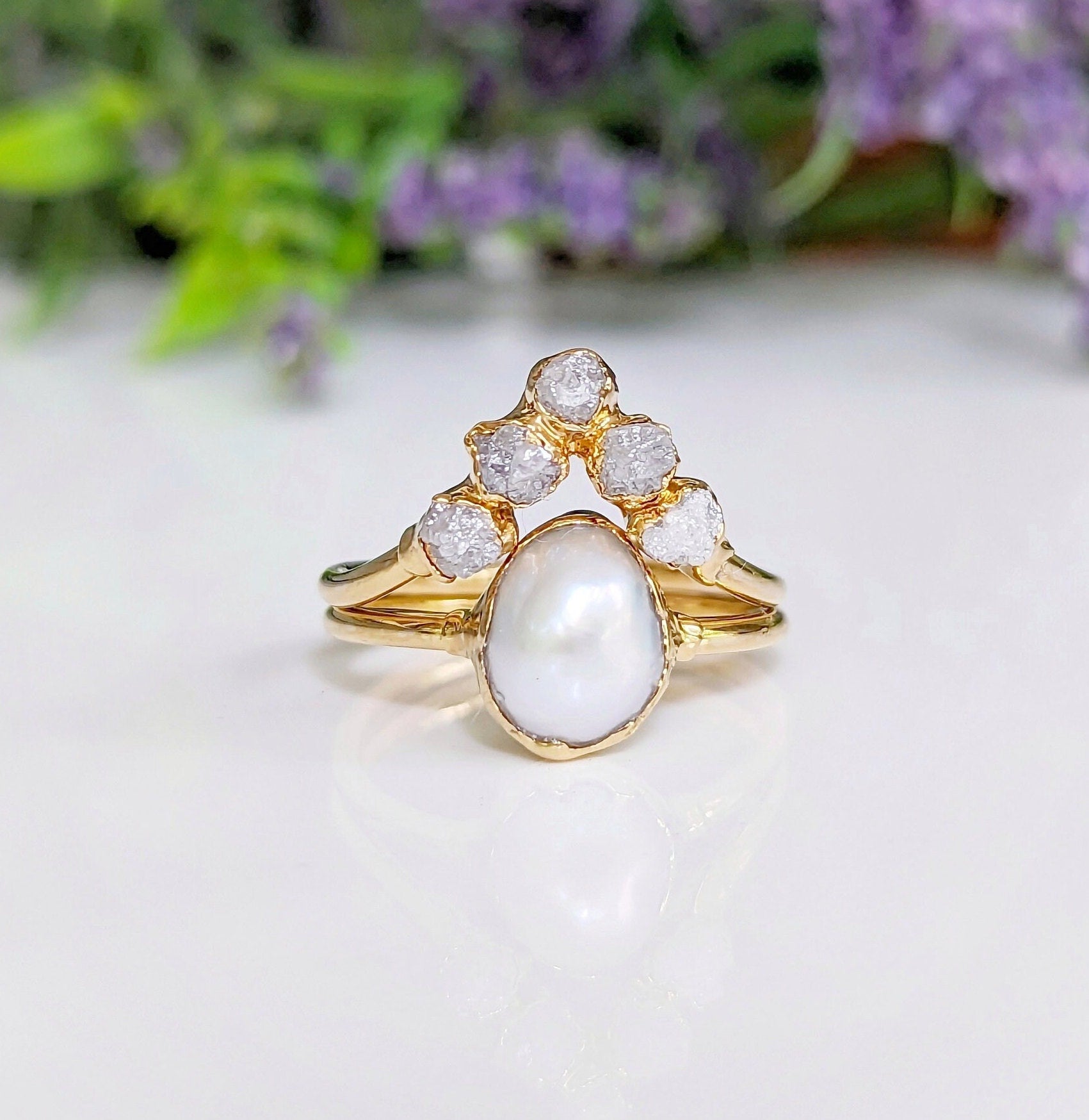 Freshwater pearl and raw diamond chevron wedding ring set in solid 14k gold, elegant and unique bridal jewelry.