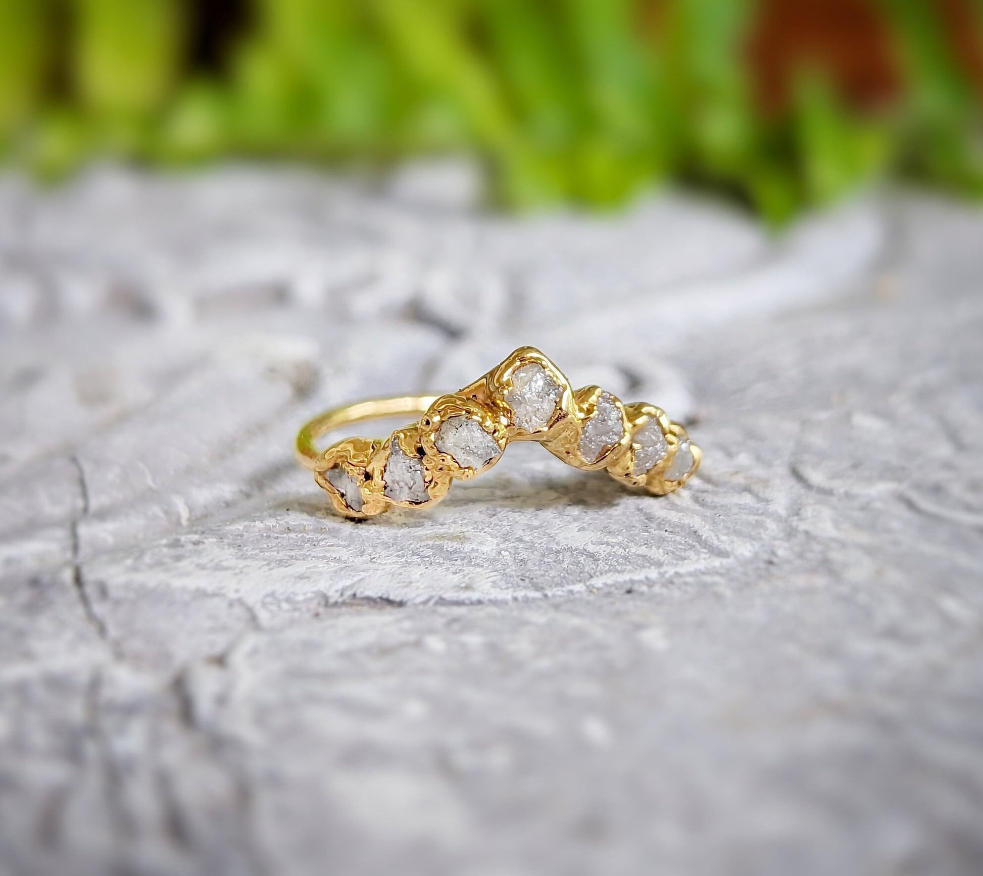 Gold Chevron wedding band featuring seven raw conflict-free diamonds, unique engagement or wedding ring.