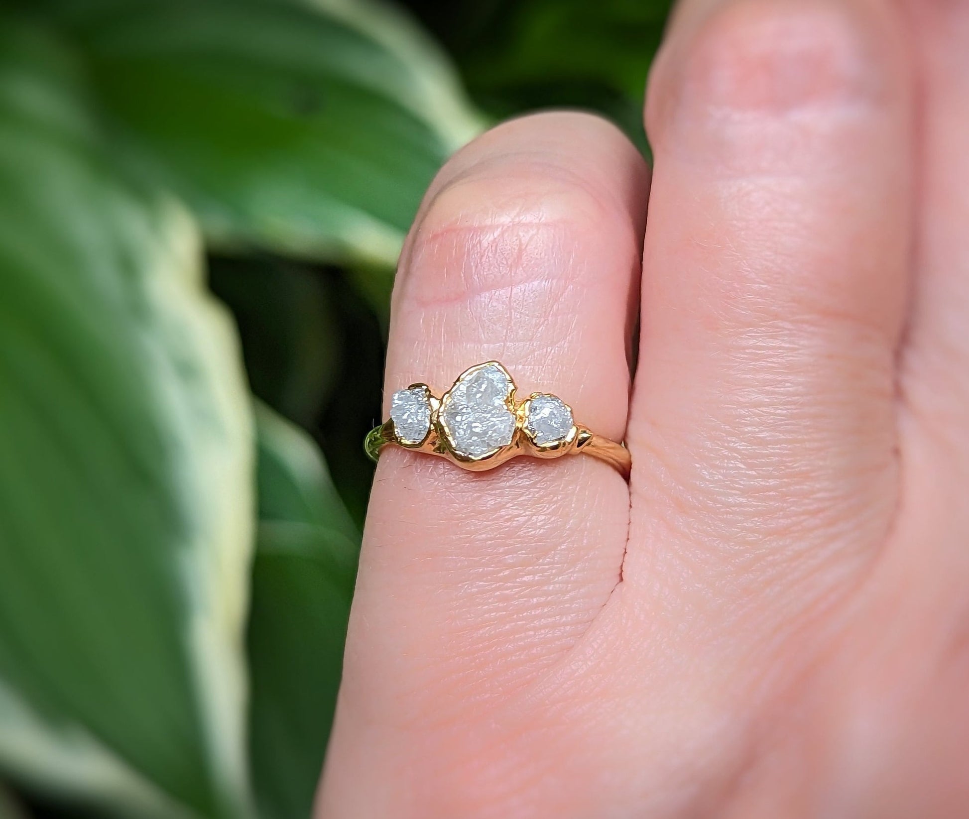 Raw diamond wedding ring set in solid 18k gold, featuring three unique raw diamonds on a hand with greenery background.