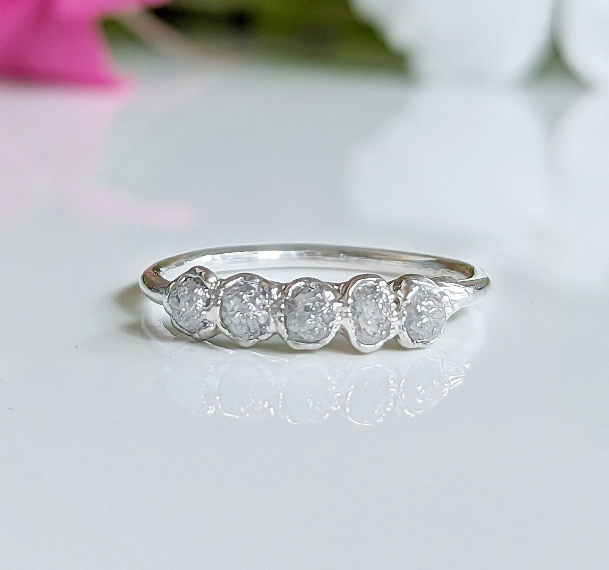 Raw diamond wedding band in sterling silver with five small raw diamonds, rustic yet elegant alternative ring.