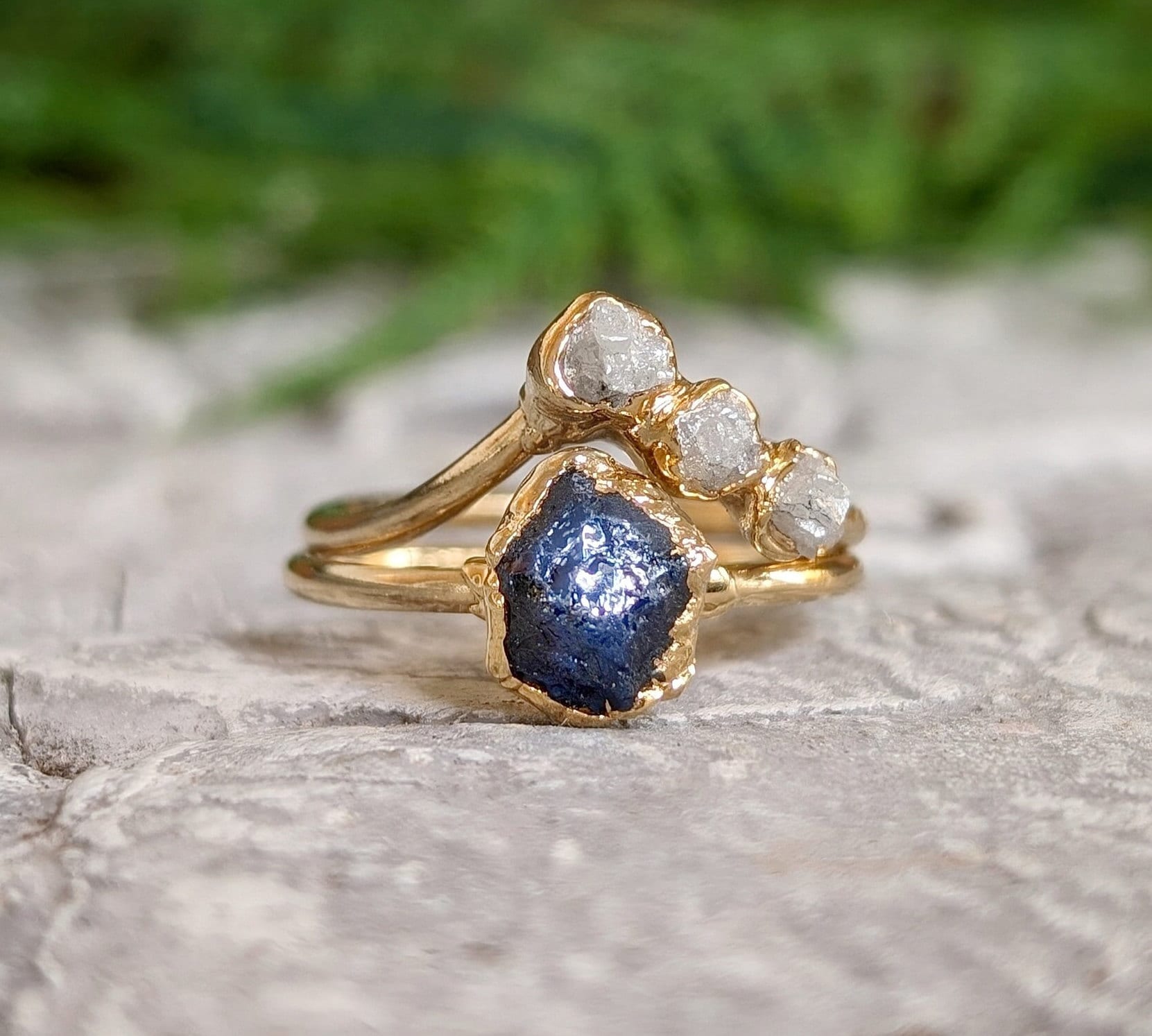Raw Sapphire and diamond chevron ring set in 14k gold, perfect for nature-loving couples.