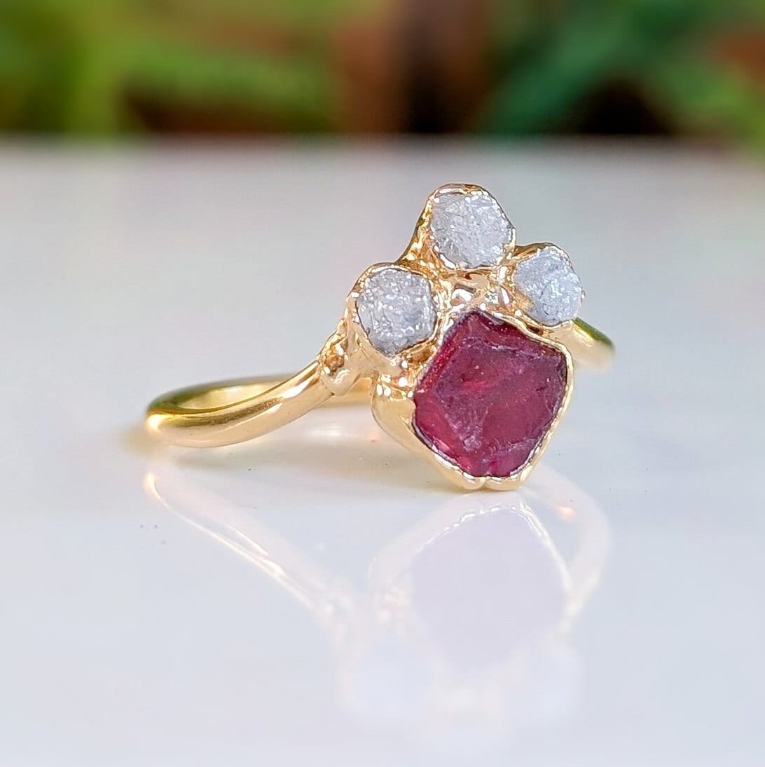 Raw diamond and pink spinel chevron engagement ring, uniquely handcrafted, gold band, ethically sourced gemstones.